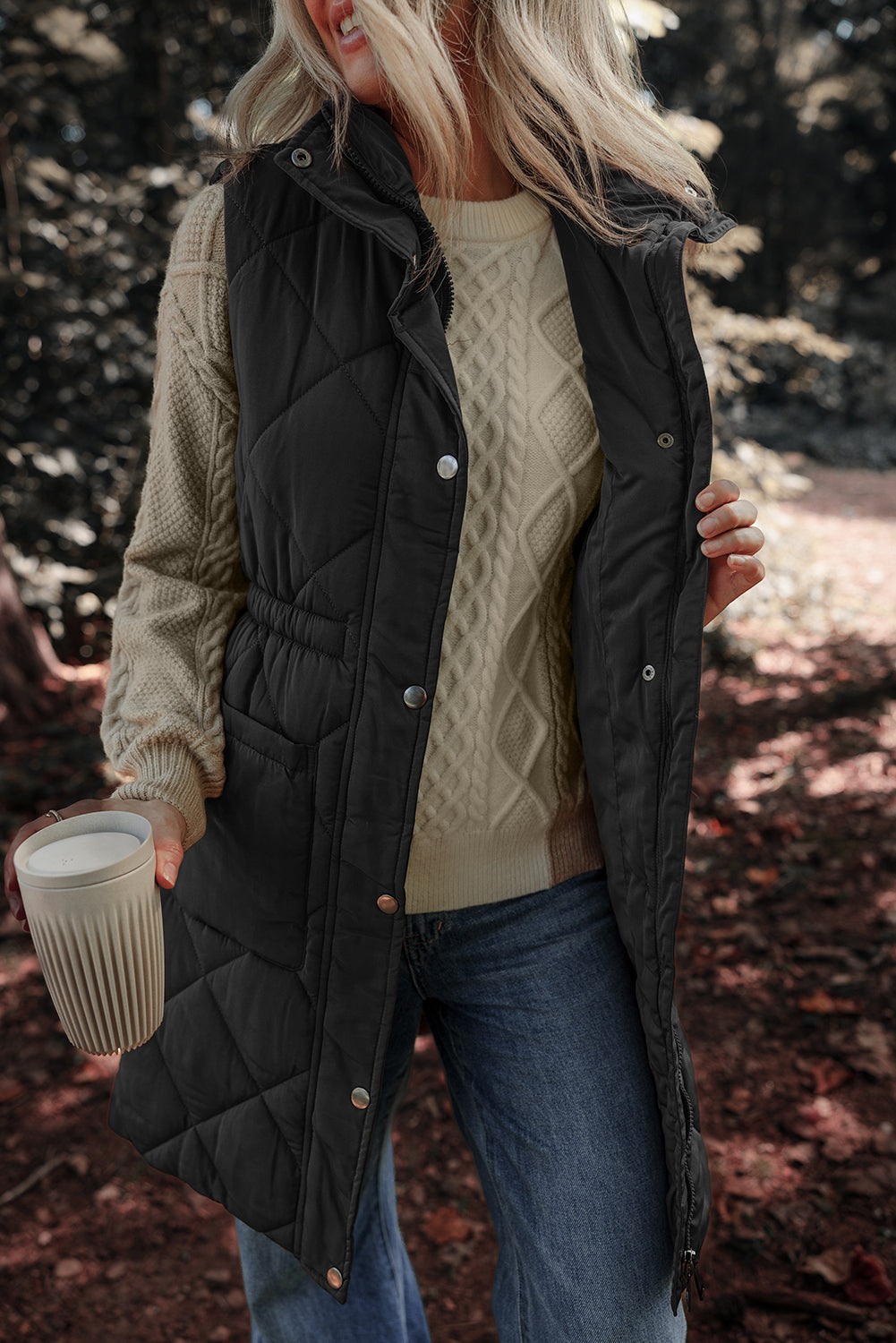 Pocketed Zipper and Button Vest Coat - Charming Charlie