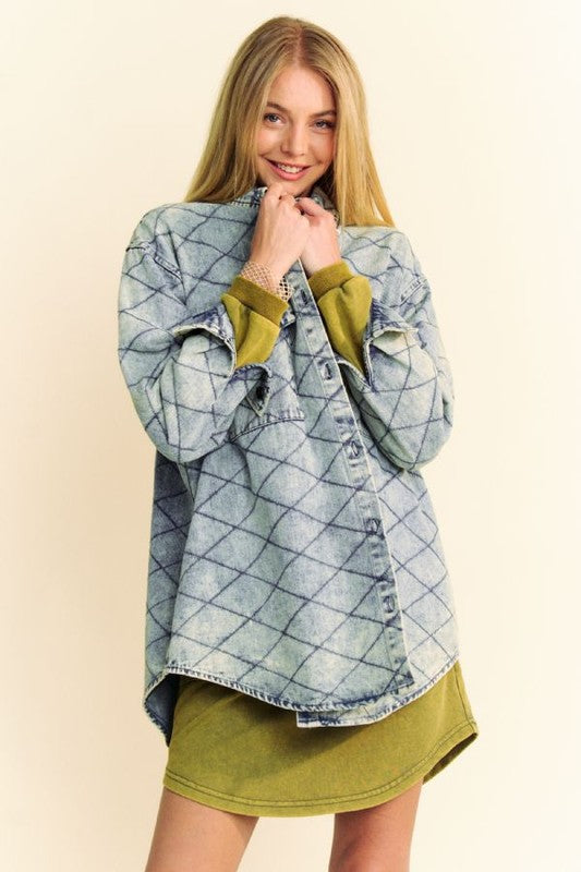 Davi & Dani Curved Hem Diamond Quilted Button Up Denim Shacket - Charming Charlie