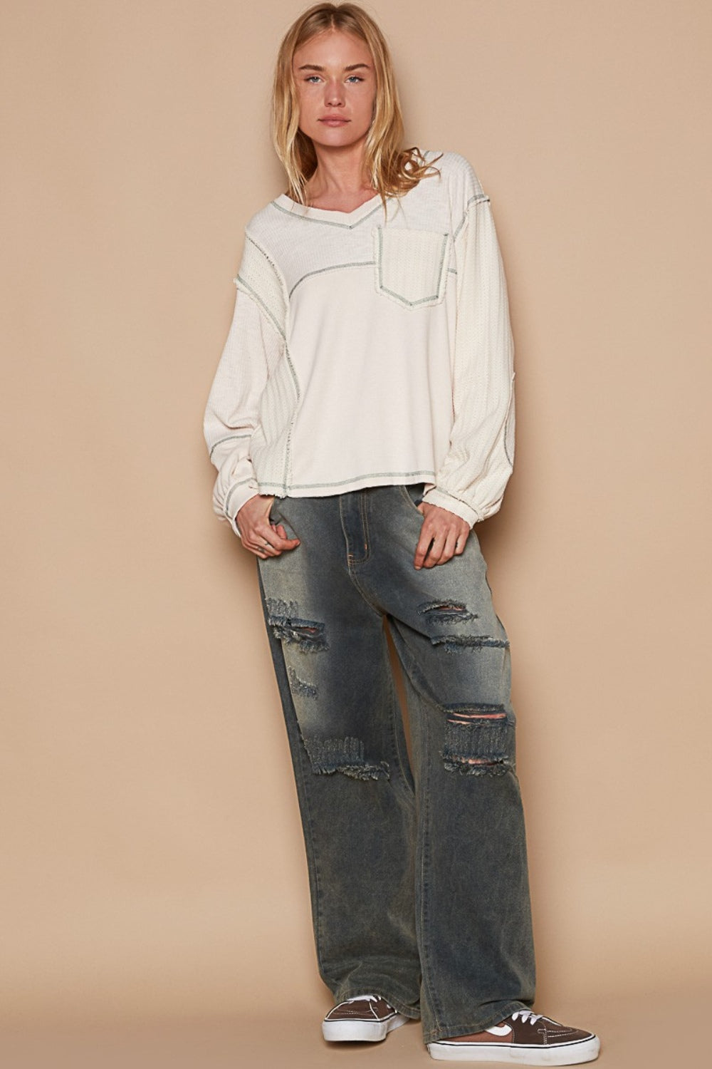 POL V-Neck knit Panel Exposed Seam Top - Charming Charlie