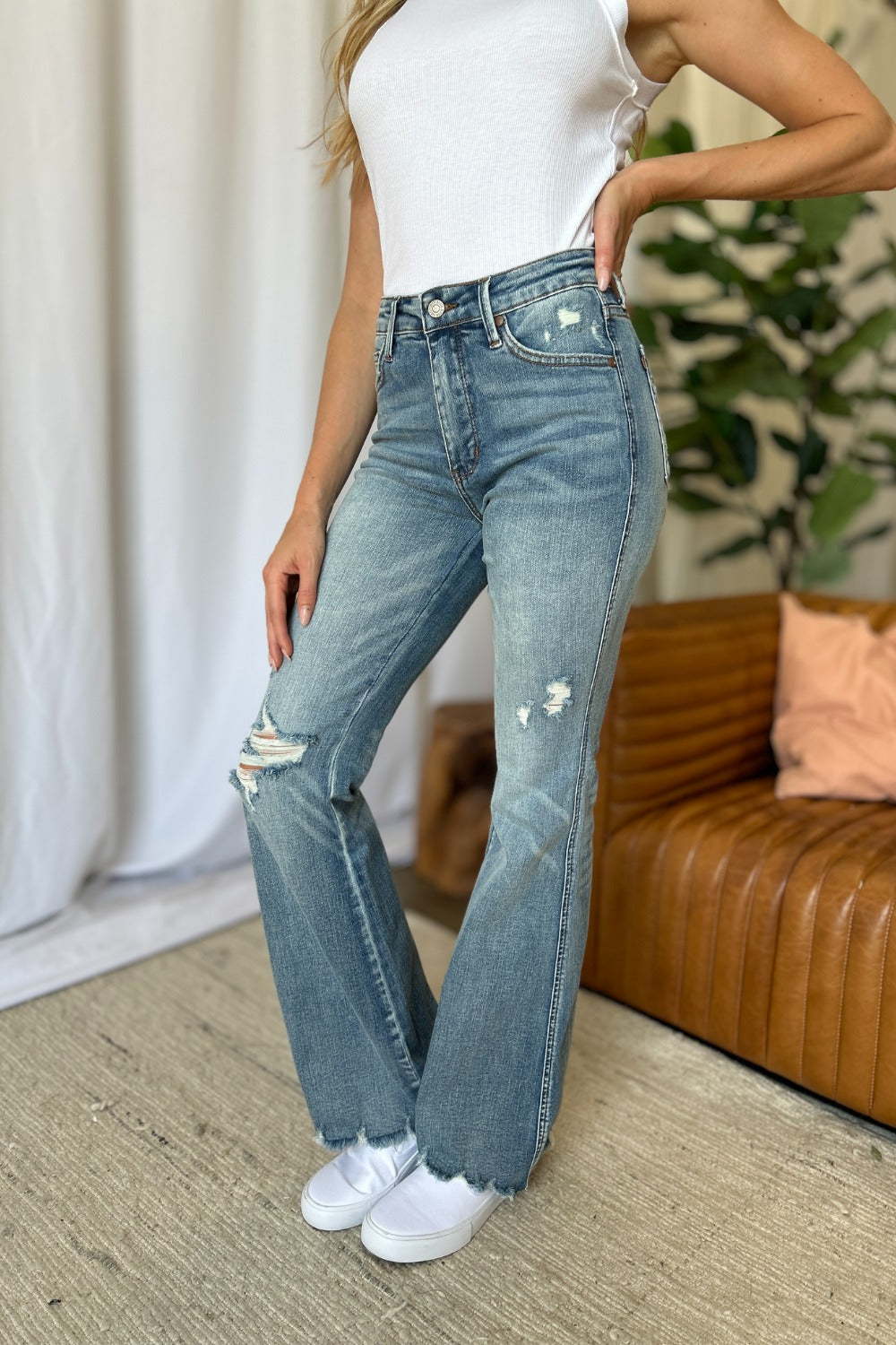 Judy Blue Full Size Medium Rise Tummy Control Destroy Flare - Charming Charlie