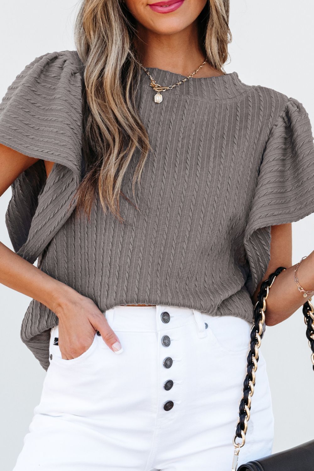 Textured Round Neck Flounce Sleeve Blouse - Charming Charlie