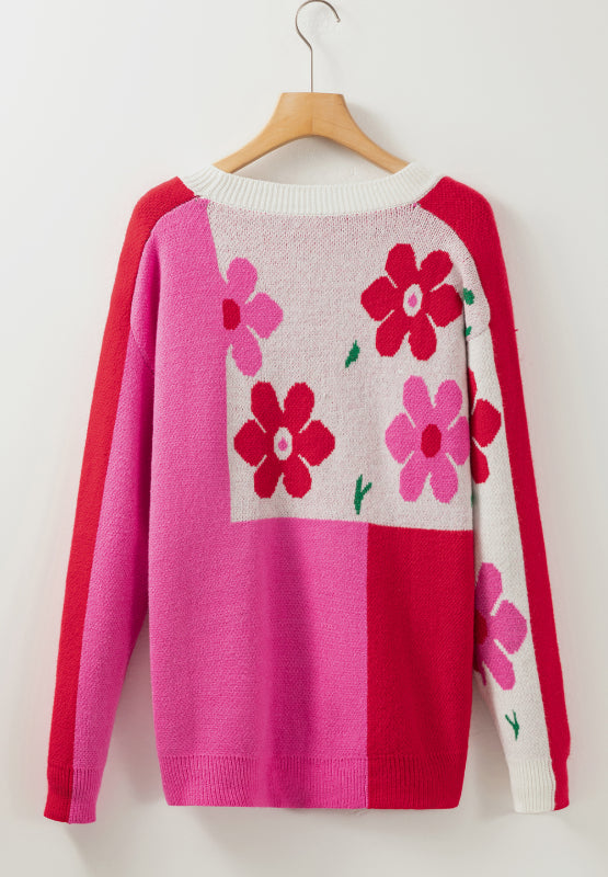 Flower Color Block Round Neck Sweater - Charming Charlie