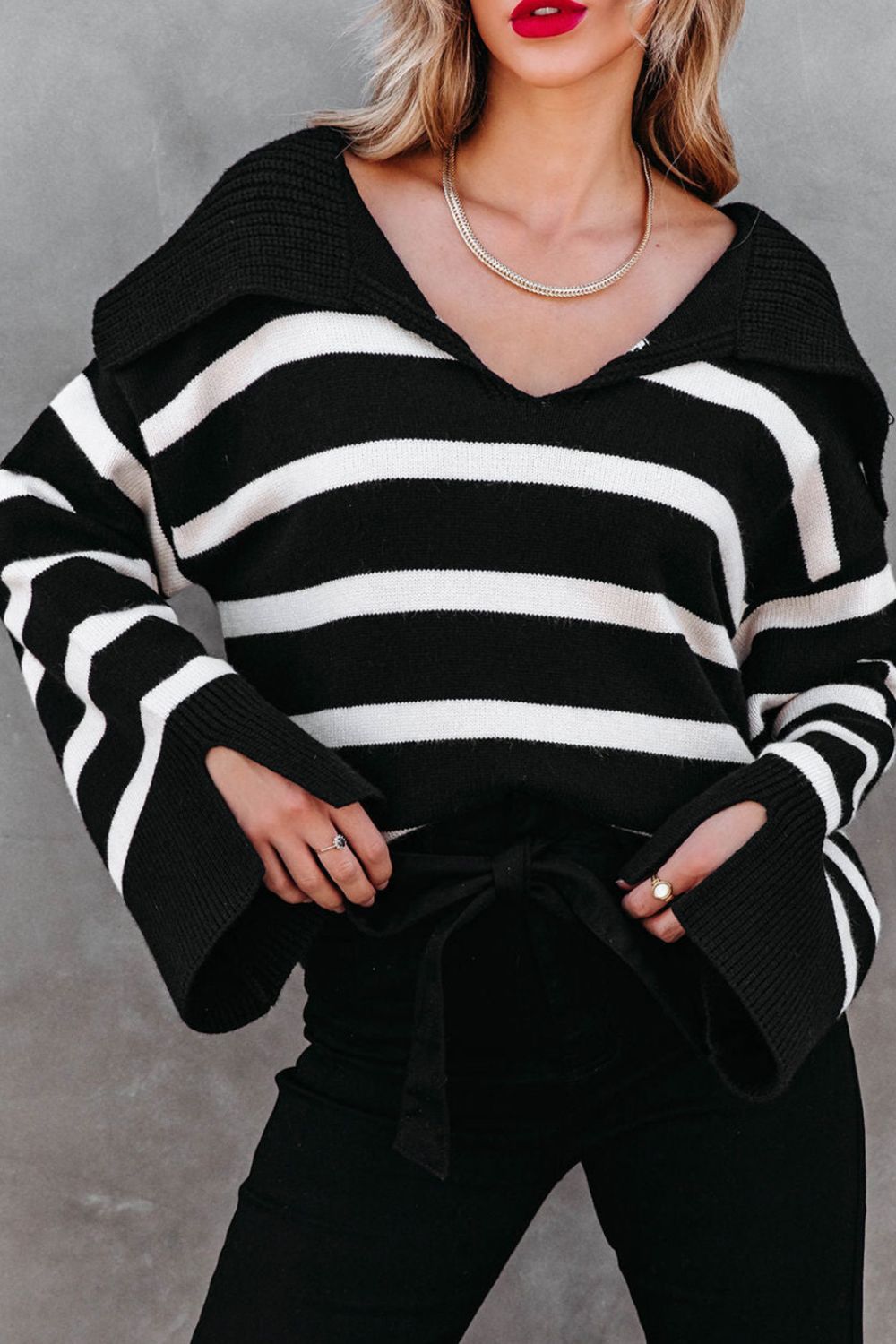 Striped Johnny Collar Long Sleeve Sweater - Charming Charlie