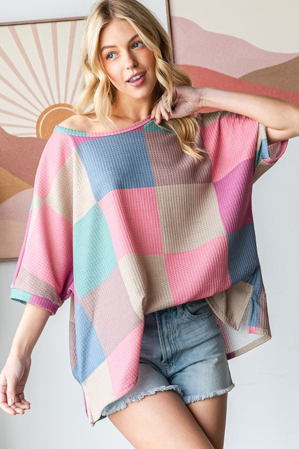 HOPELY Full Size Checkered Round Neck Side Slit T-Shirt - Charming Charlie