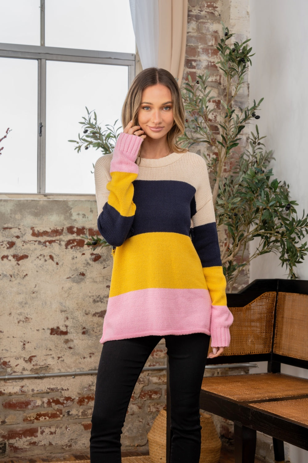 Sew In Love Full Size Color Block Exposed Seam Sweater - Charming Charlie