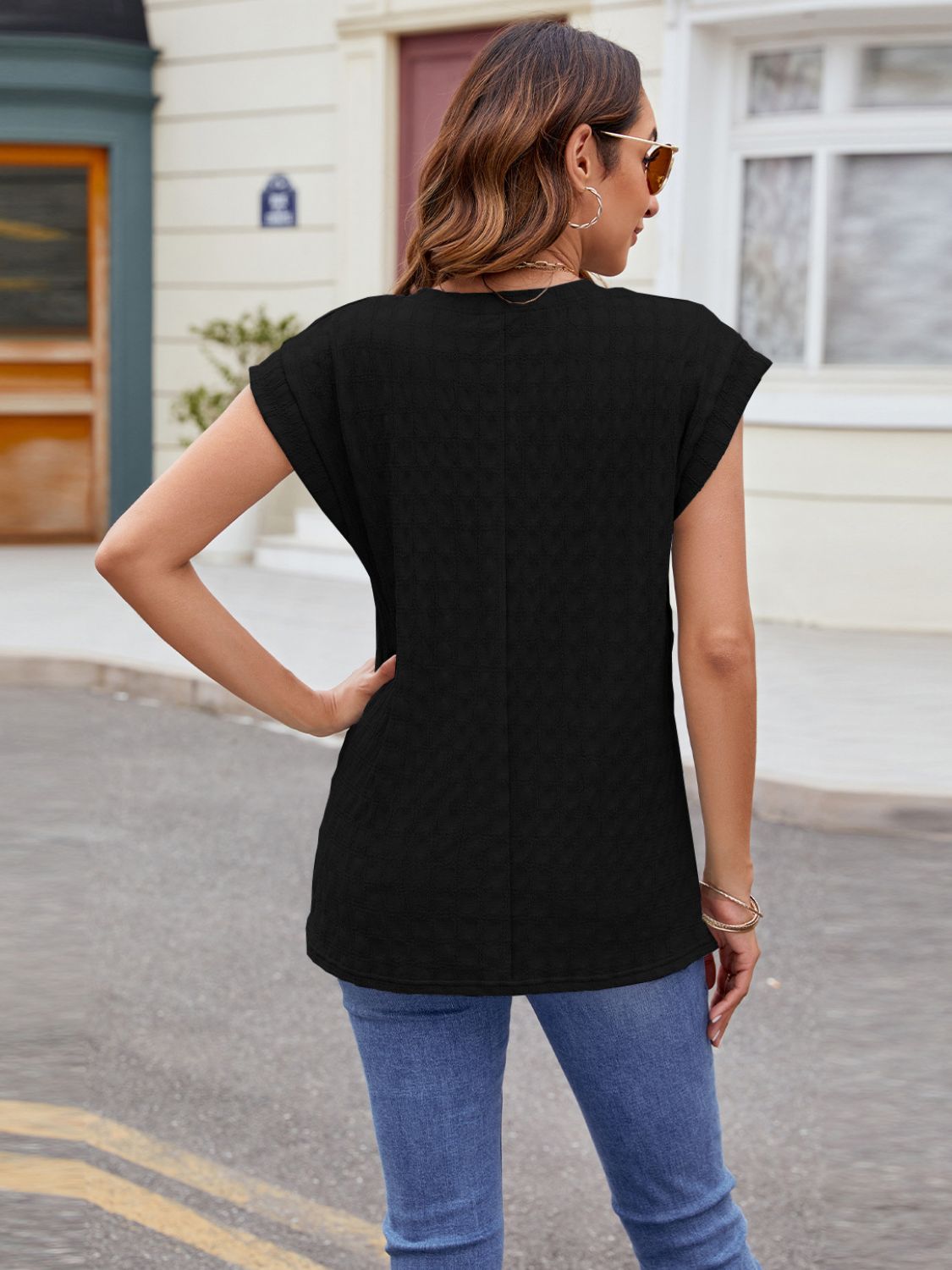 Textured Round Neck Cap Sleeve T-Shirt - Charming Charlie