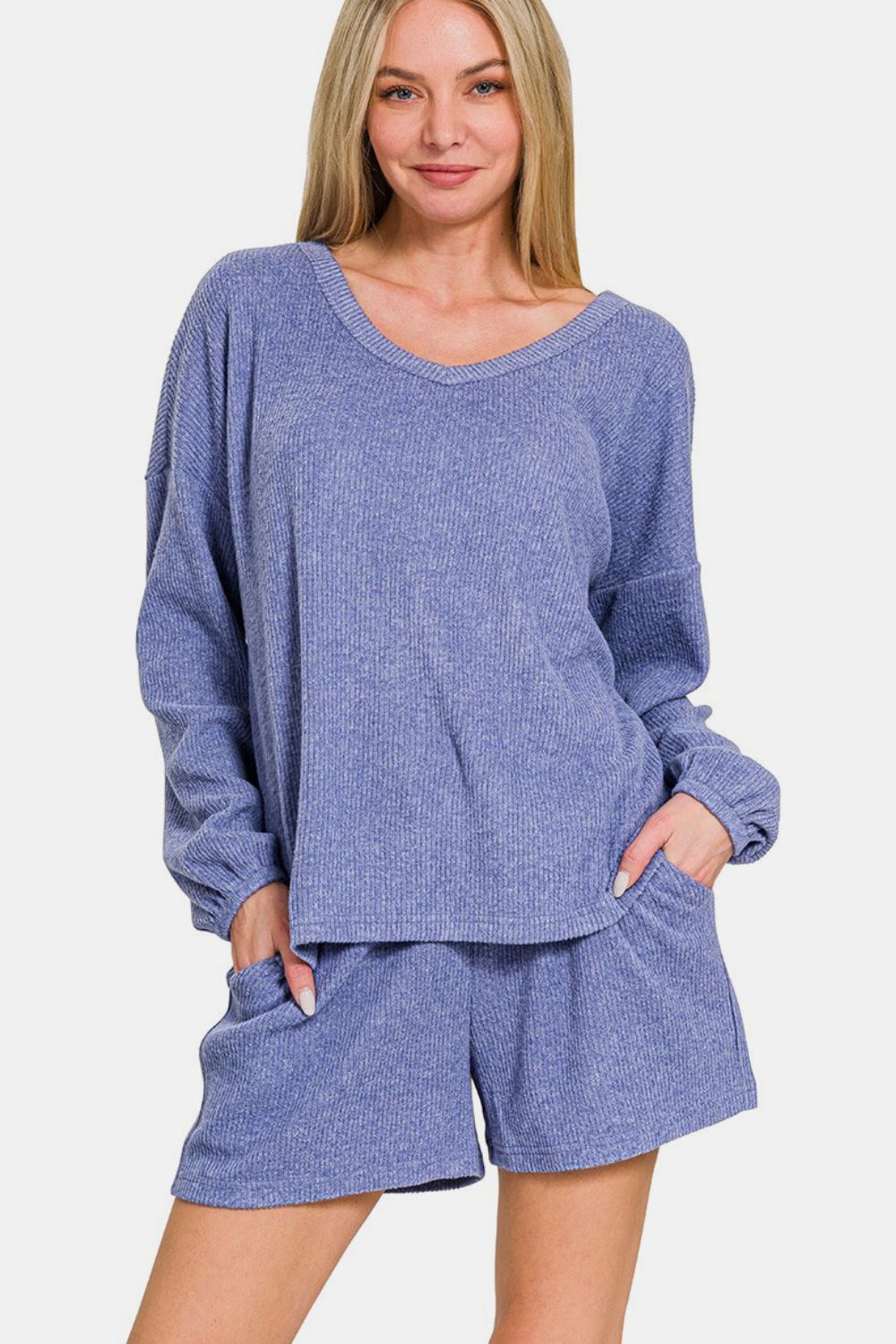 Zenana V-Neck Long Sleeve Ribbed Top and Shorts Set - Charming Charlie