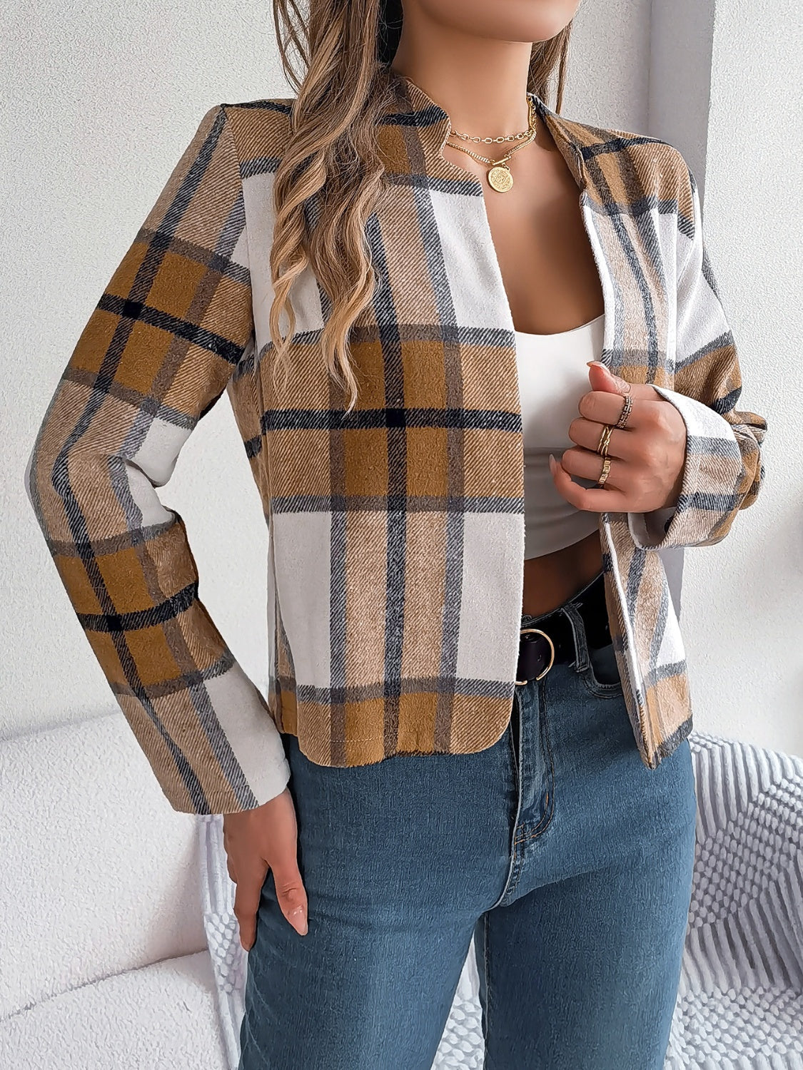 Plaid Open Front Long Sleeve Jacket - Charming Charlie
