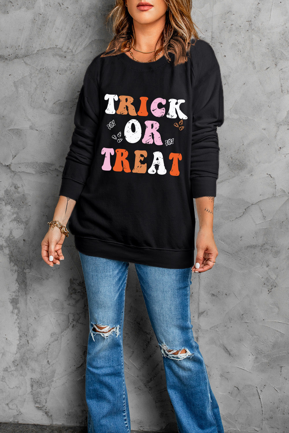 Letter Graphic Round Neck Long Sleeve Sweatshirt - Charming Charlie