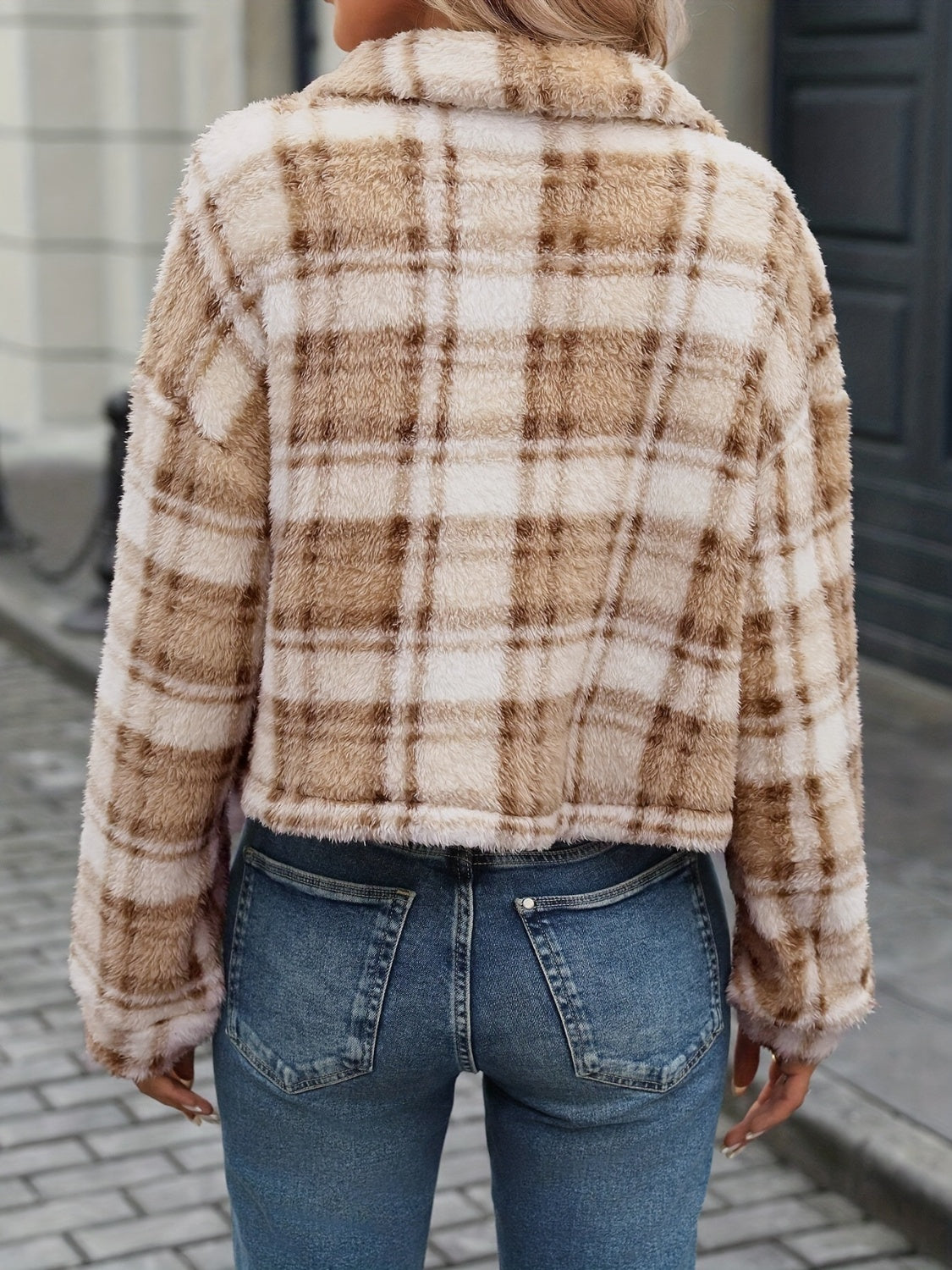Plaid Button Up Collared Neck Long Sleeve Jacket - Charming Charlie