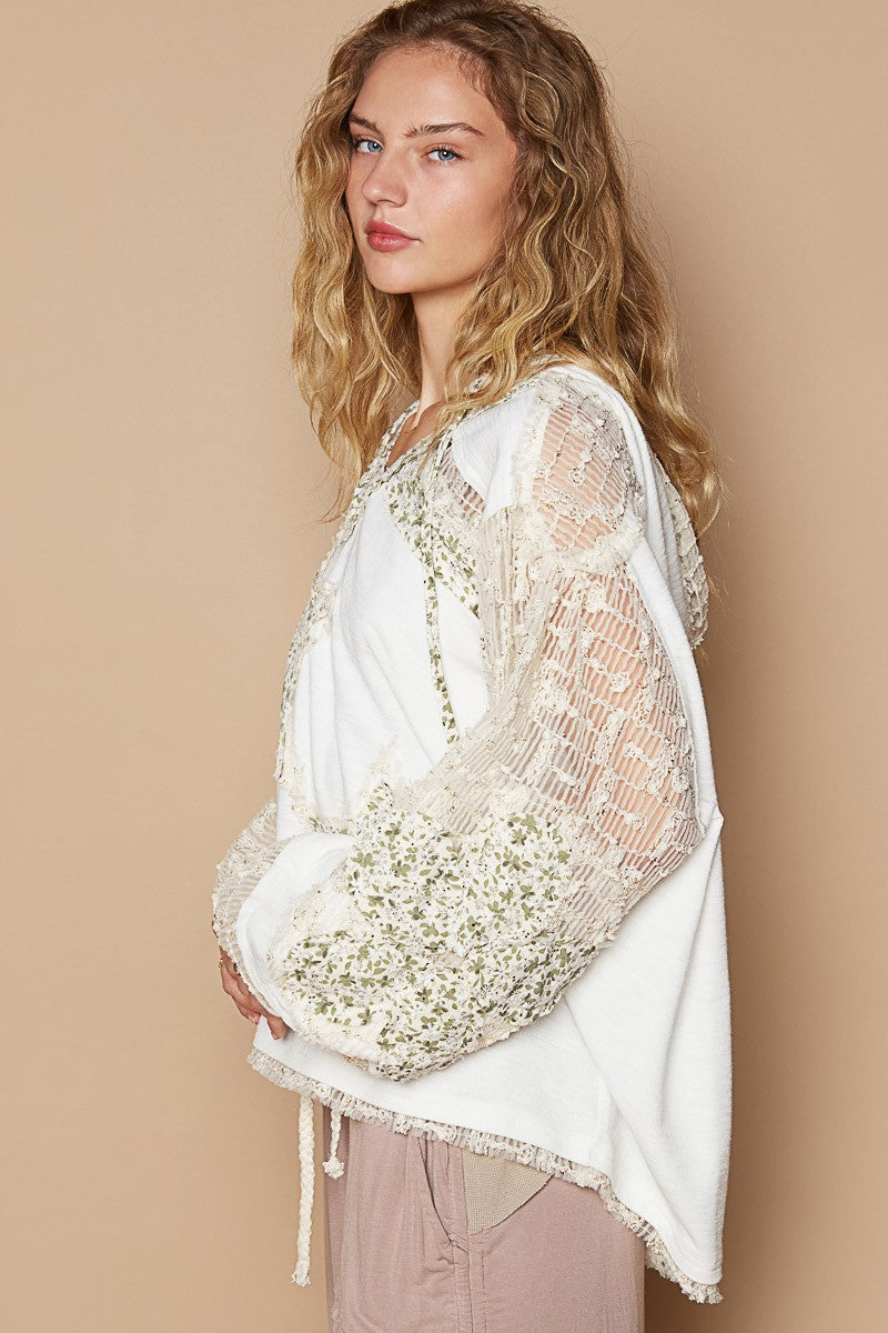 POL Star Patch Lace Contrast Long Sleeve Hooded Top - Charming Charlie