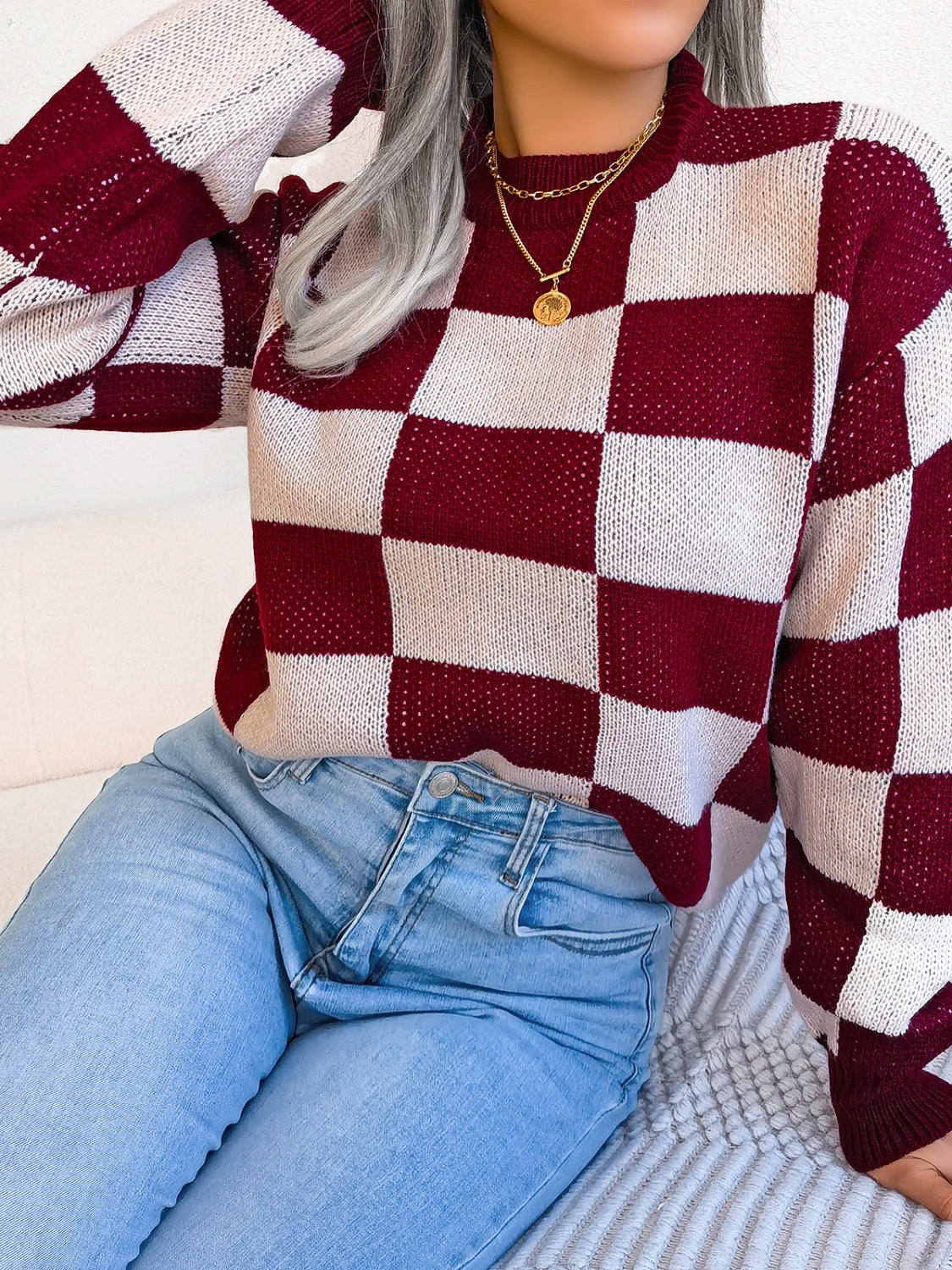 Checkered Mock Neck Long Sleeve Sweater - Charming Charlie