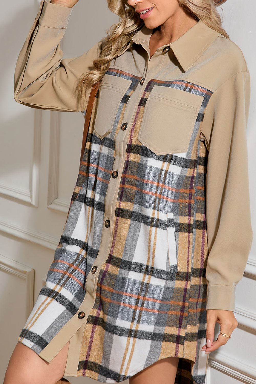 Pocketed Plaid Long Sleeve Mini Shirt Dress - Charming Charlie