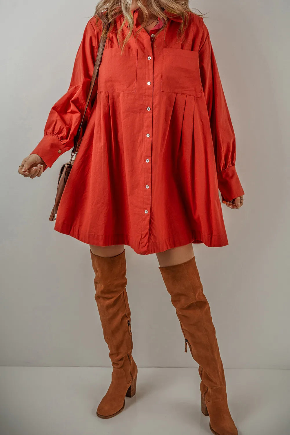 Pocketed Button Down Long Sleeve Shirt Dress - Charming Charlie
