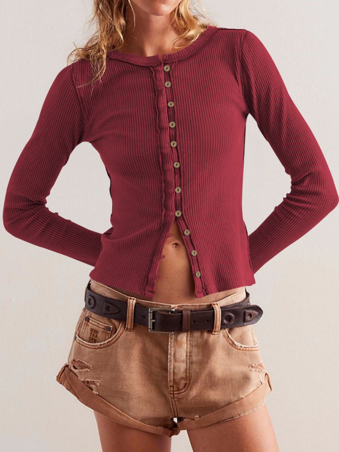 Ribbed Round Neck Long Sleeve Top - Charming Charlie