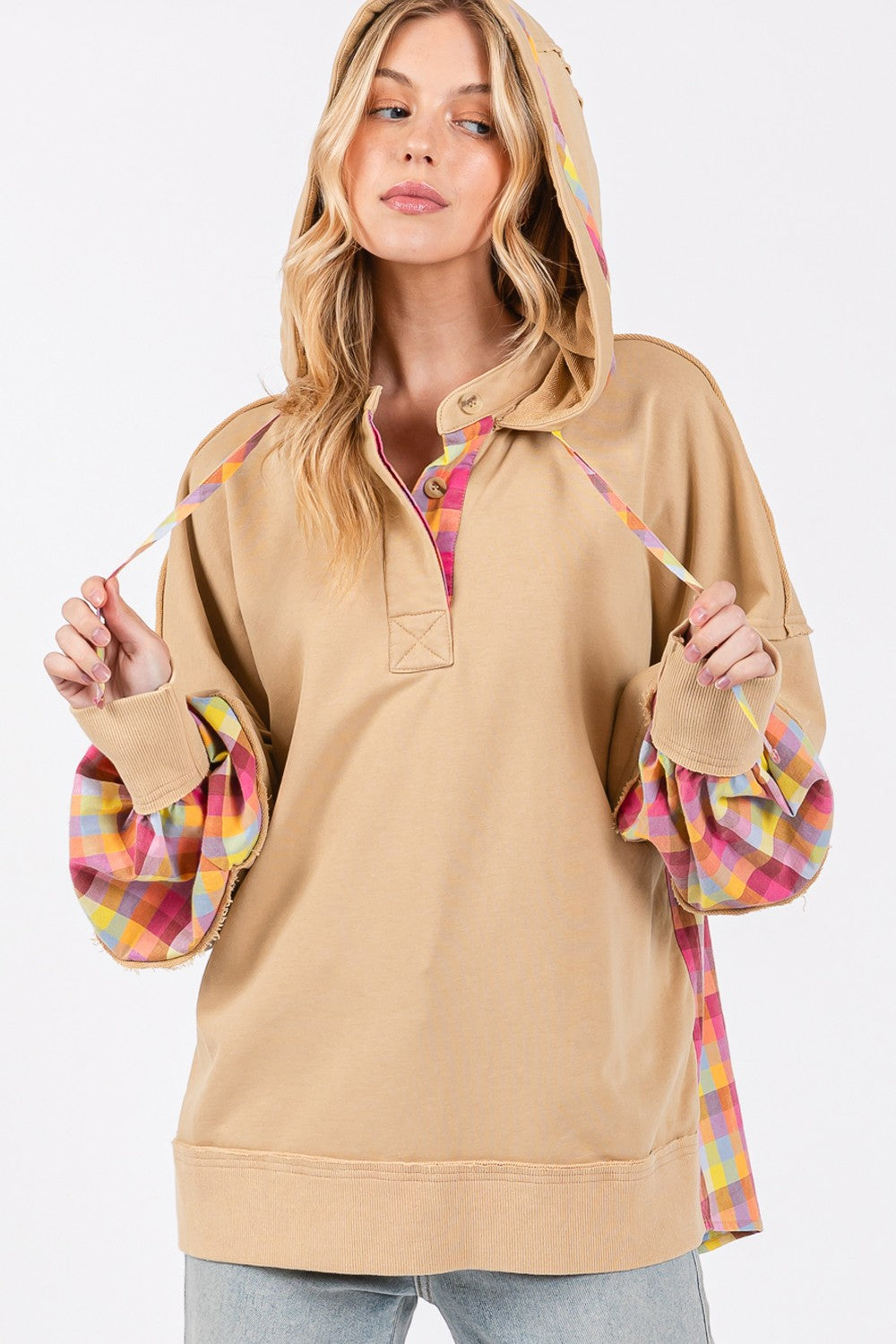 SAGE + FIG Full Size Plaid Print Washed Hoodie - Charming Charlie