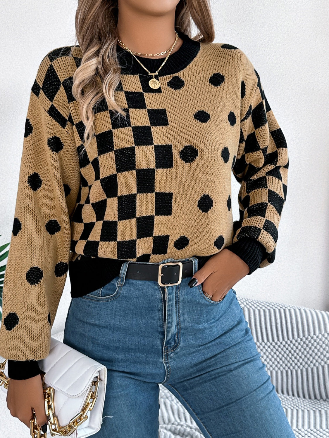 Plaid Round Neck Long Sleeve Sweater - Charming Charlie