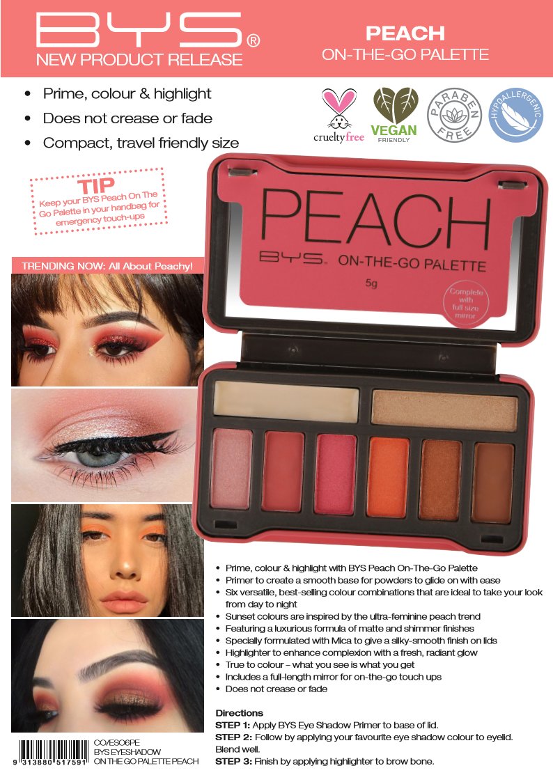 BYS On-The-Go Peach Eyeshadow Palette with Primer Highlighter and Mirror, 6 Eyeshadows, 1 Highlight, 1 Prime - Charming Charlie