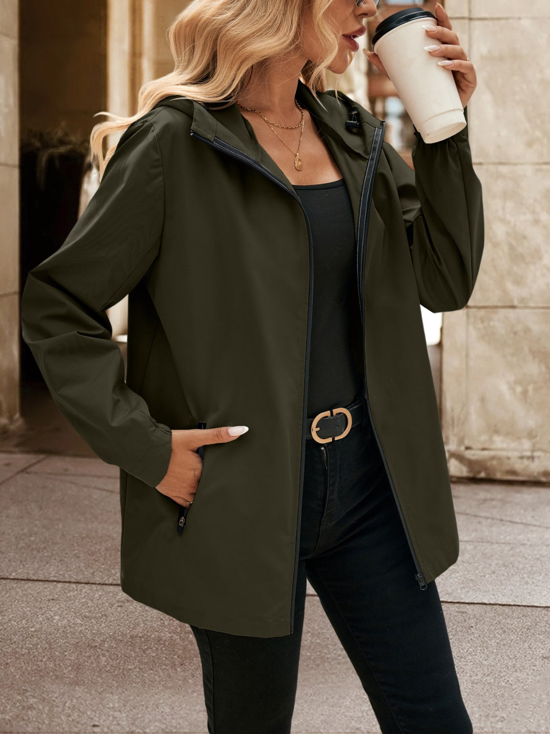 Pocketed Zip Up Hooded Jacket - Charming Charlie
