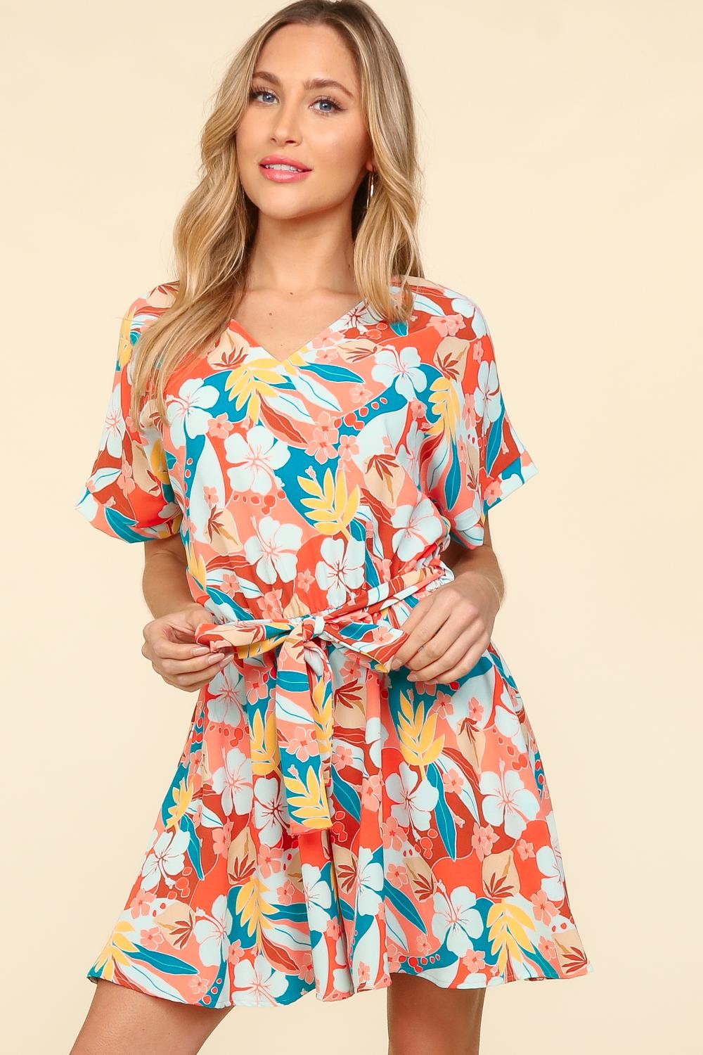 Haptics Tropical Floral Short Sleeve Tied Romper - Charming Charlie