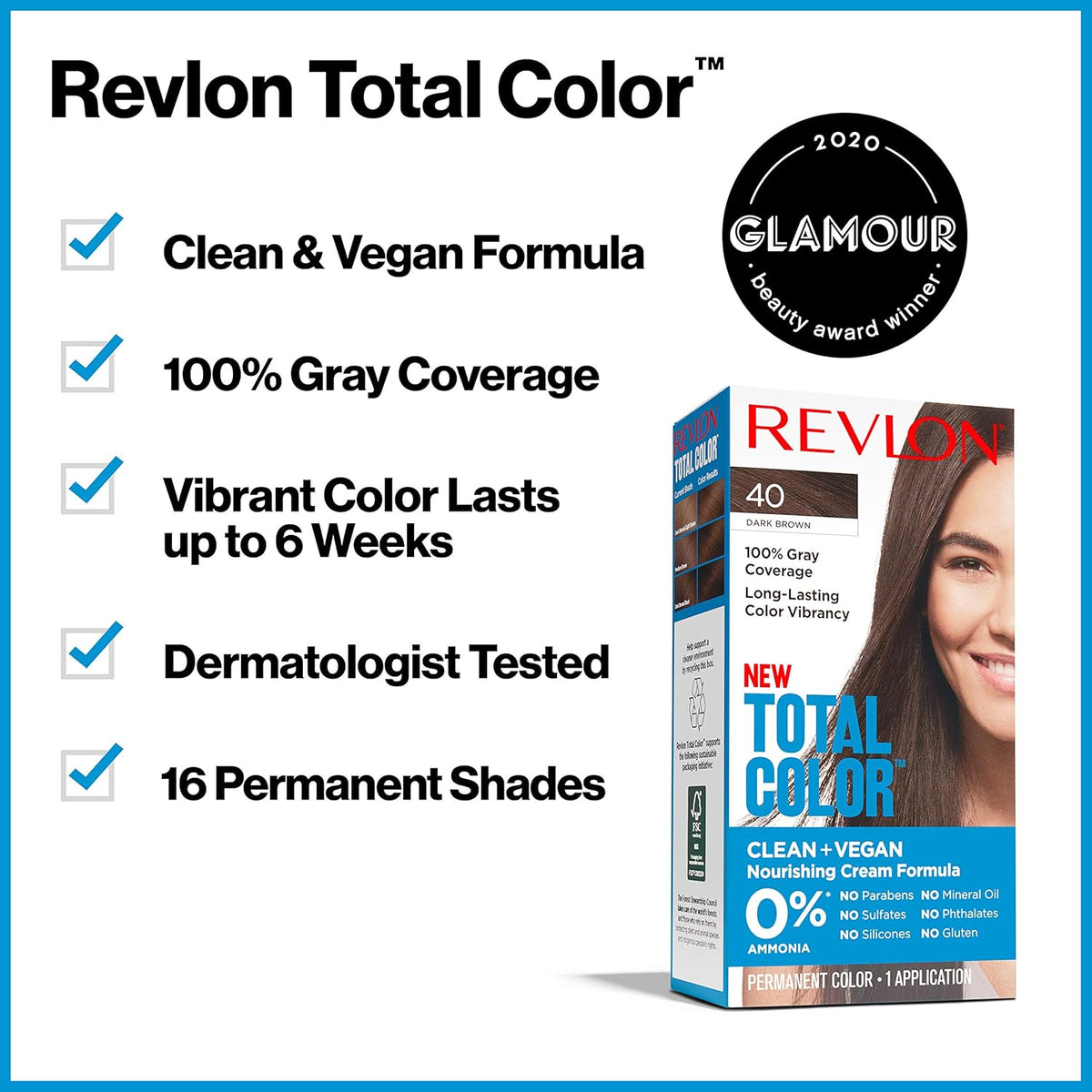 Revlon Total Color Permanent Hair Color, Clean and Vegan, 100% Gray Coverage Hair Dye, 50 Medium Natural Brown, 3.5 oz - Charming Charlie