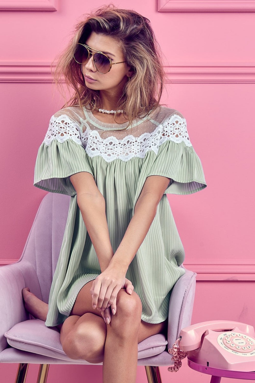BiBi Lace Detail Short Sleeve Striped Blouse - Charming Charlie