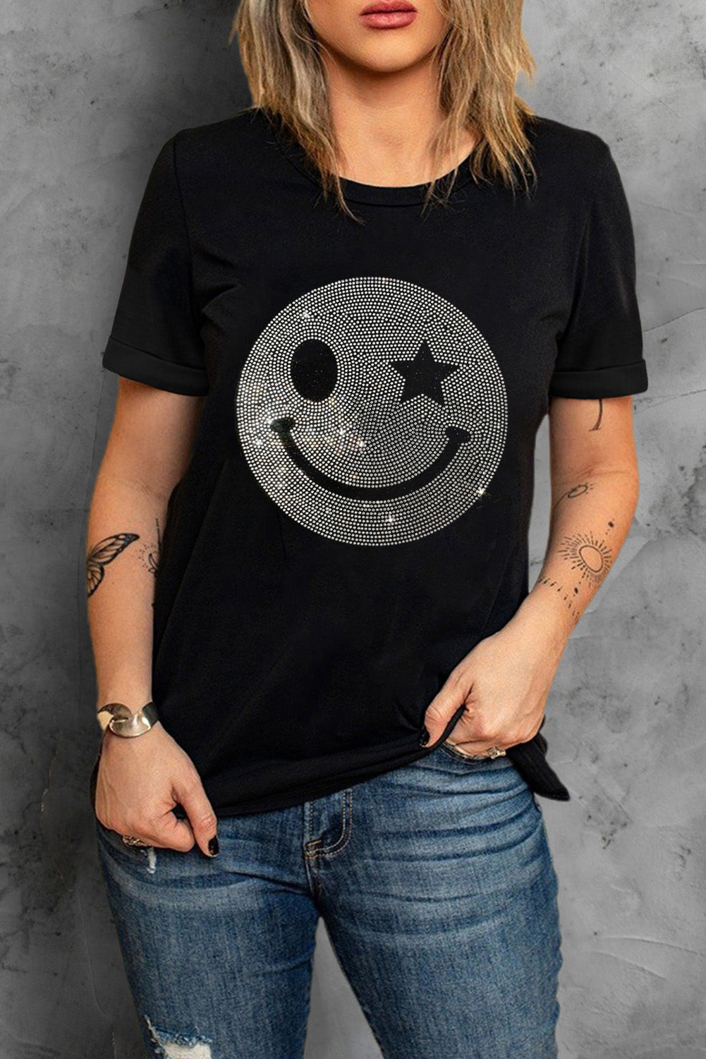Rhinestone Smiley Round Neck Short Sleeve T-Shirt - Charming Charlie