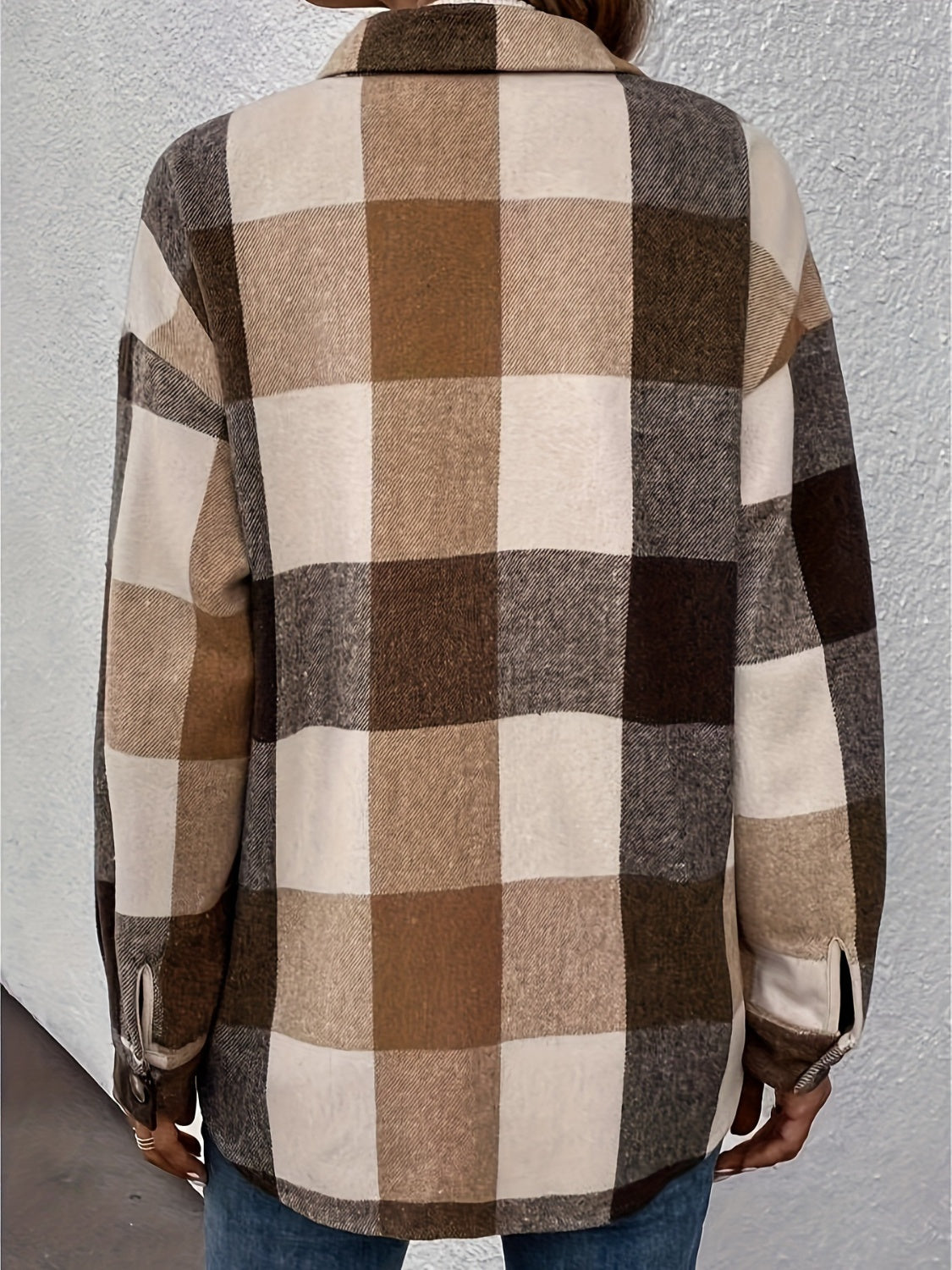 Curved Hem Plaid Collared Neck Shacket - Charming Charlie
