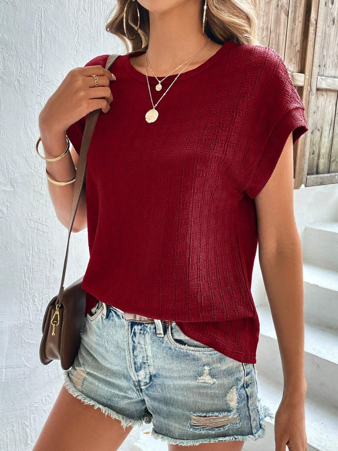 Textured Round Neck Short Sleeve Top - Charming Charlie