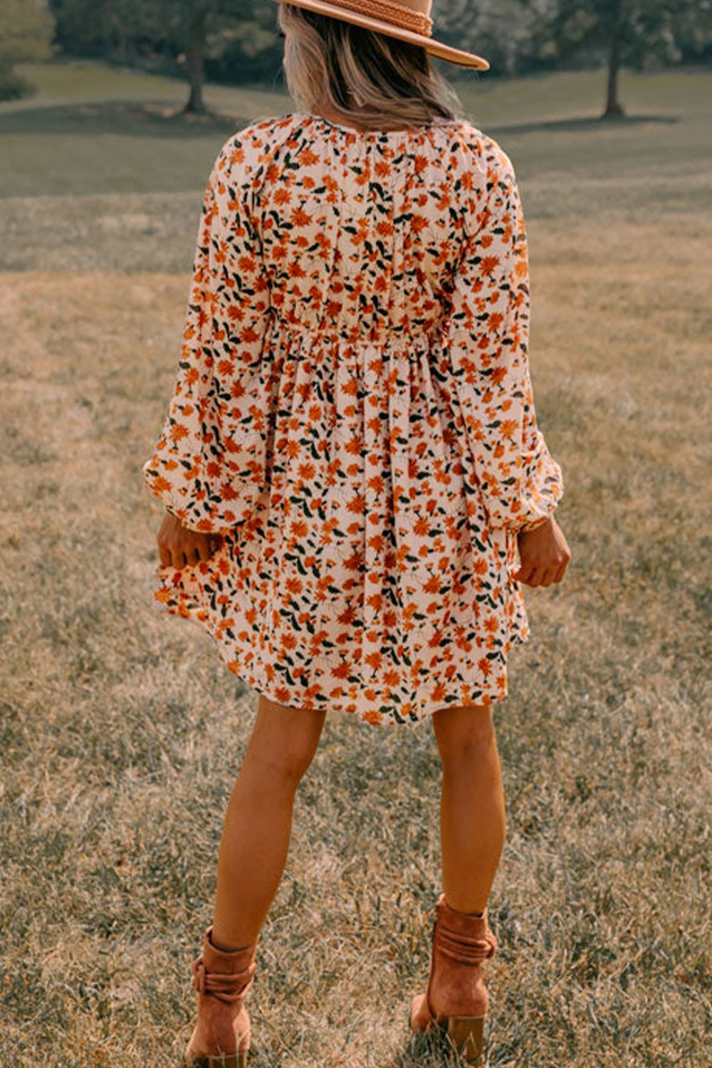 Smocked Printed V-Neck Long Sleeve Dress - Charming Charlie