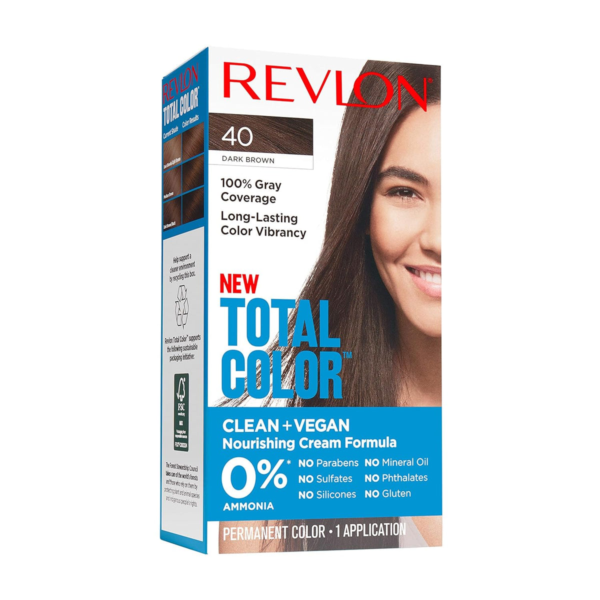Revlon Permanent Hair Color, Permanent Hair Dye, Total Color with 100% Gray Coverage, Clean & Vegan, 40 Dark Brown, 3.5 Oz - Charming Charlie