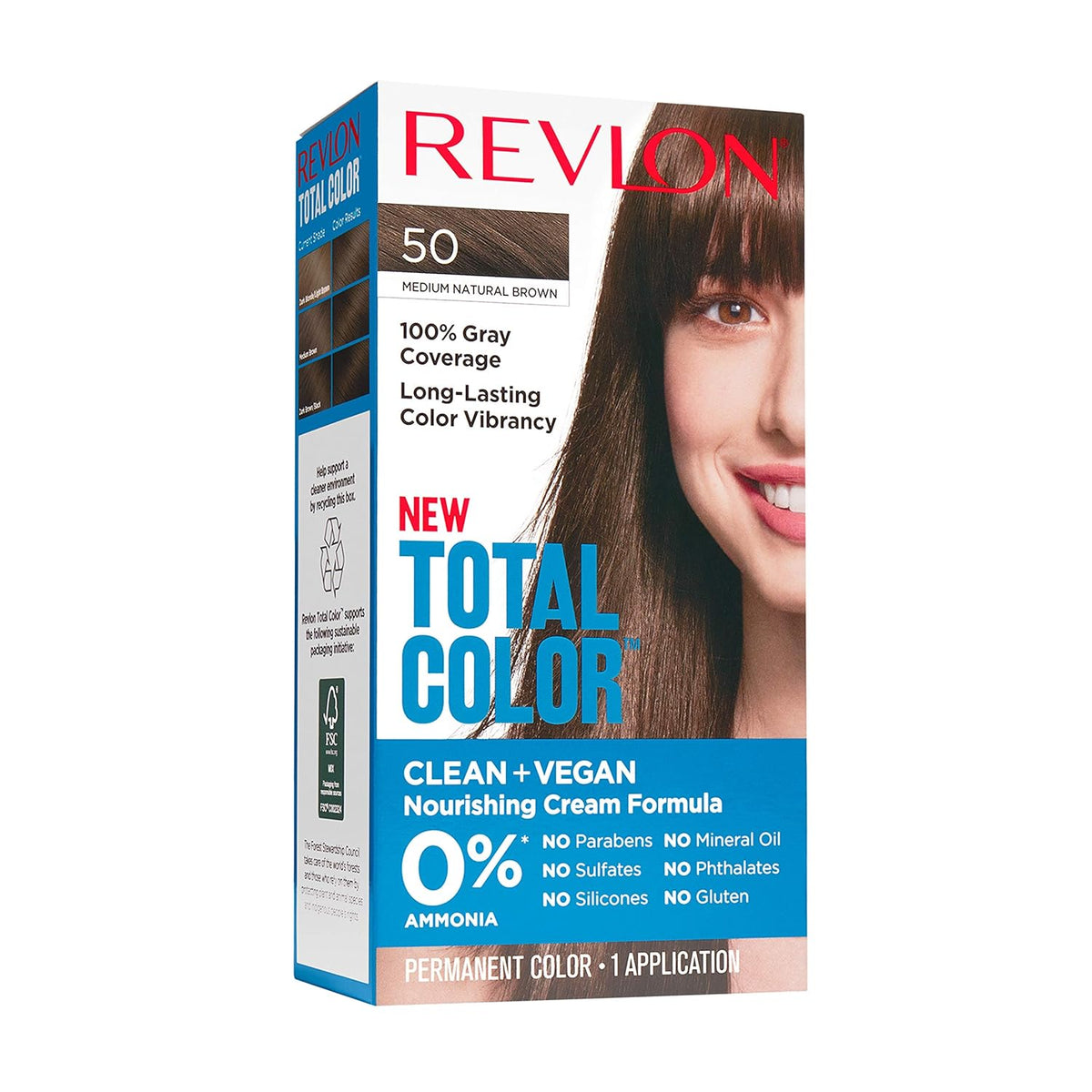Revlon Total Color Permanent Hair Color, Clean and Vegan, 100% Gray Coverage Hair Dye, 50 Medium Natural Brown, 3.5 oz - Charming Charlie