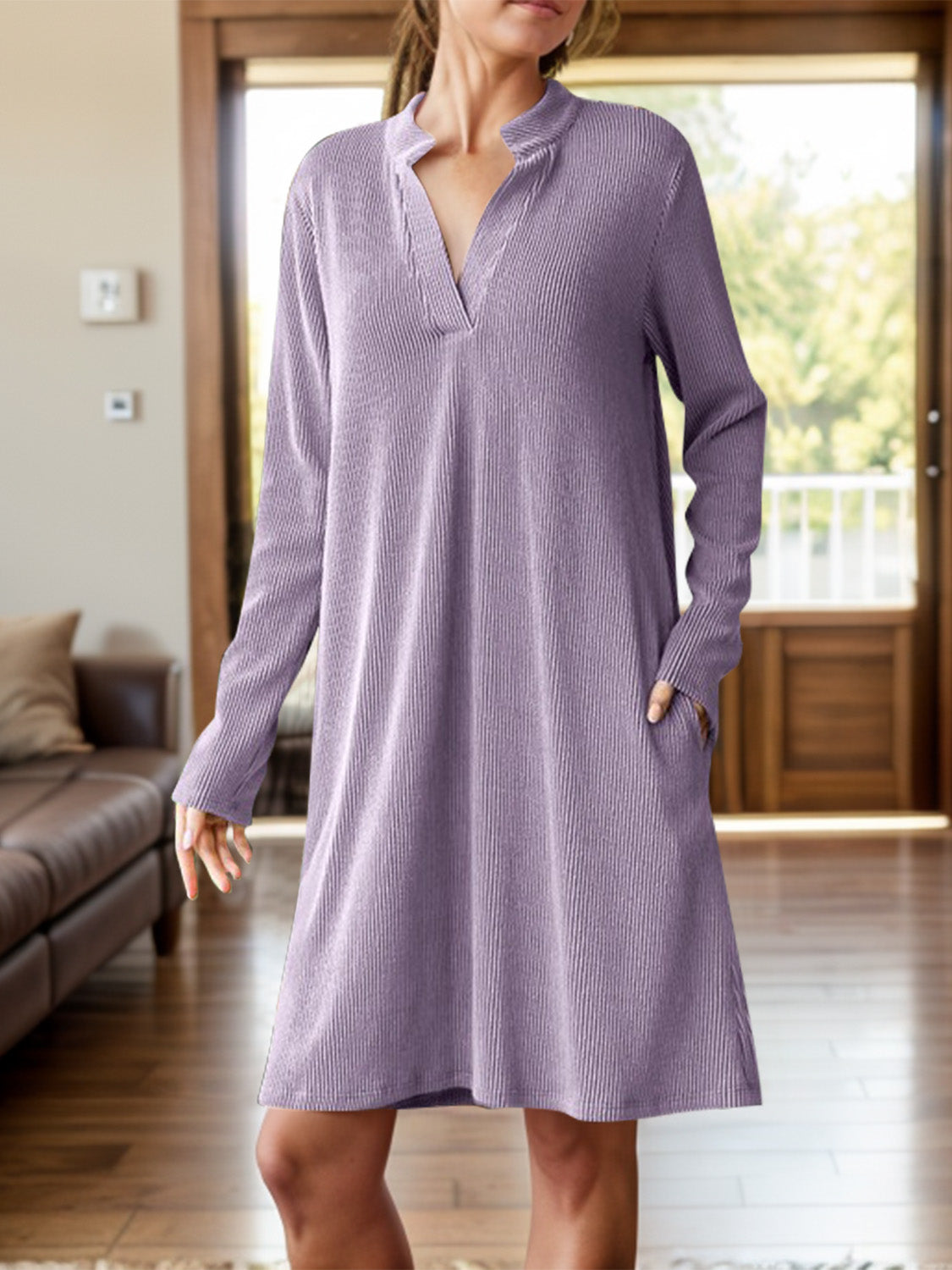 Notched Long Sleeve Mini Dress with Pockets - Charming Charlie