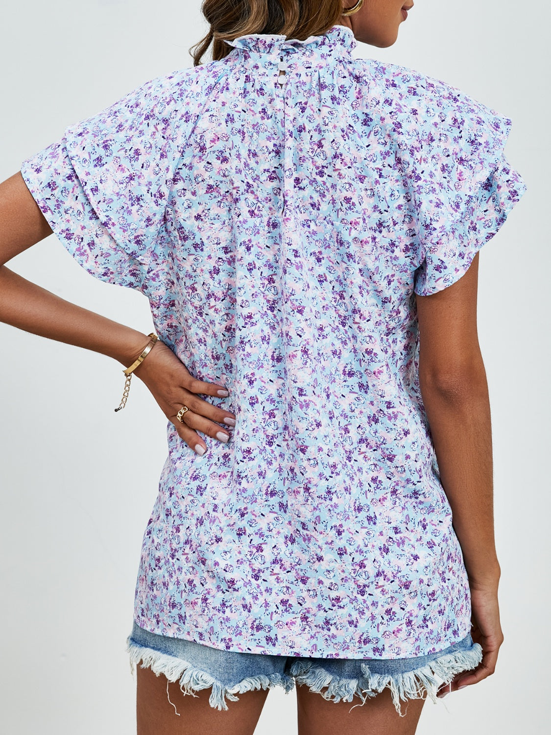 Ditsy Floral Mock Neck Flounce Sleeve Blouse - Charming Charlie