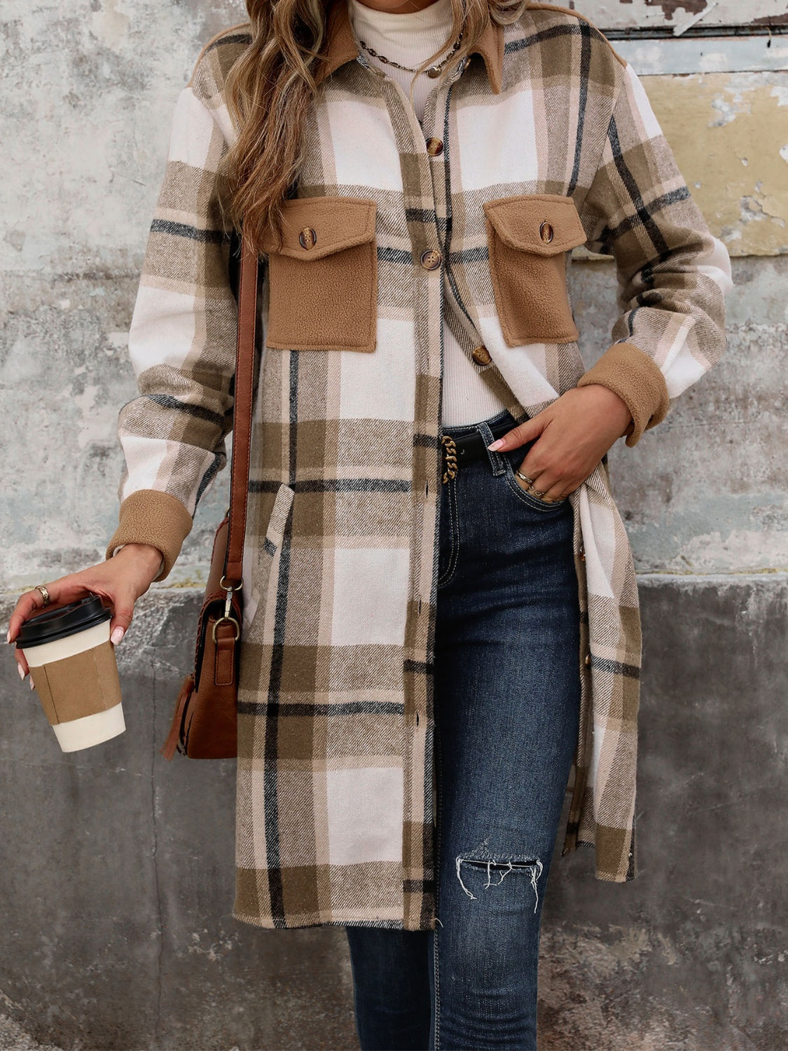 Plaid Button Up Long Sleeve Coat - Charming Charlie