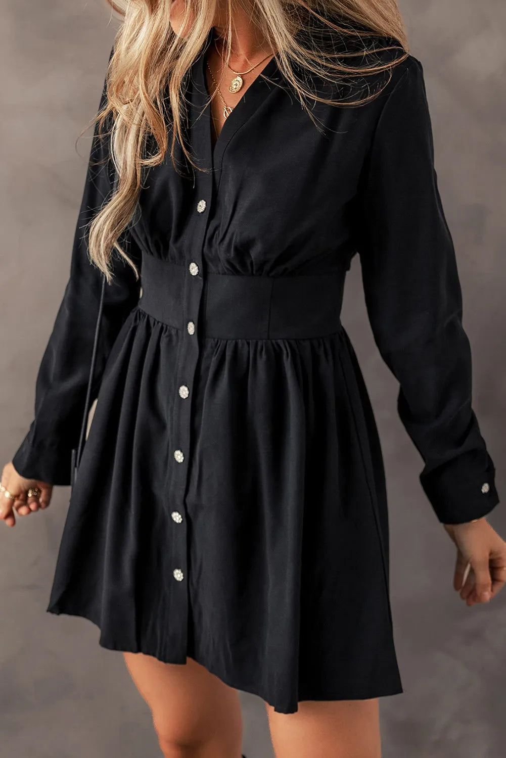 Ruched Button Up Long Sleeve Dress - Charming Charlie