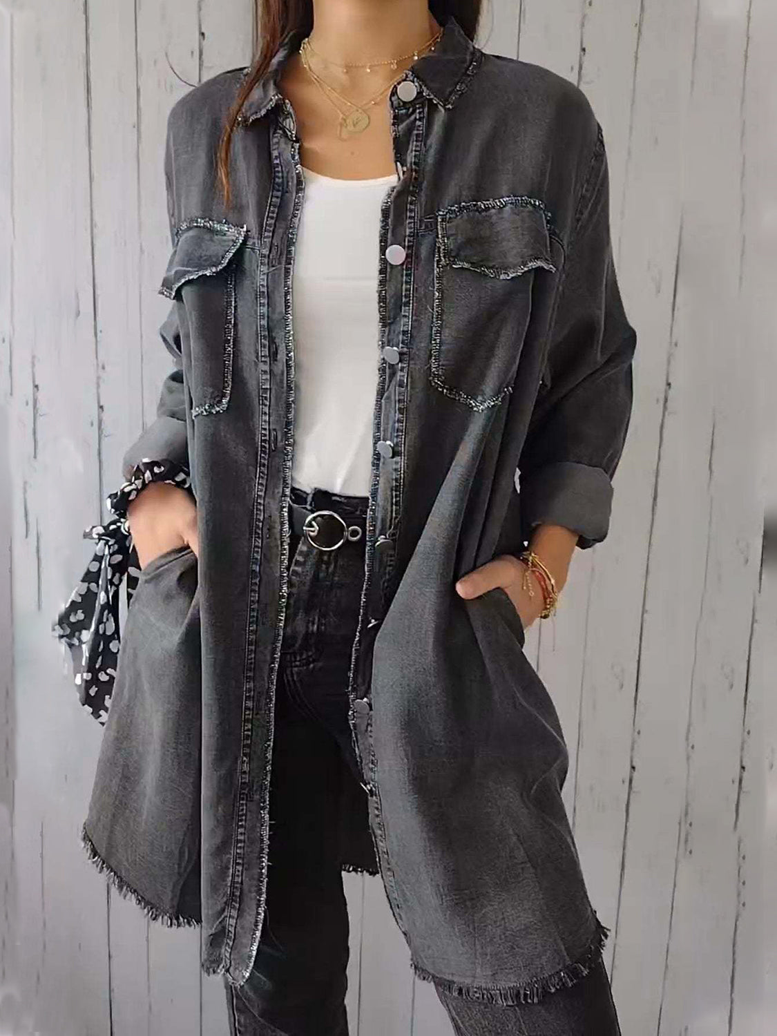 Full Size Raw Hem Button Up Long Sleeve Denim Top Plus Size - Charming Charlie