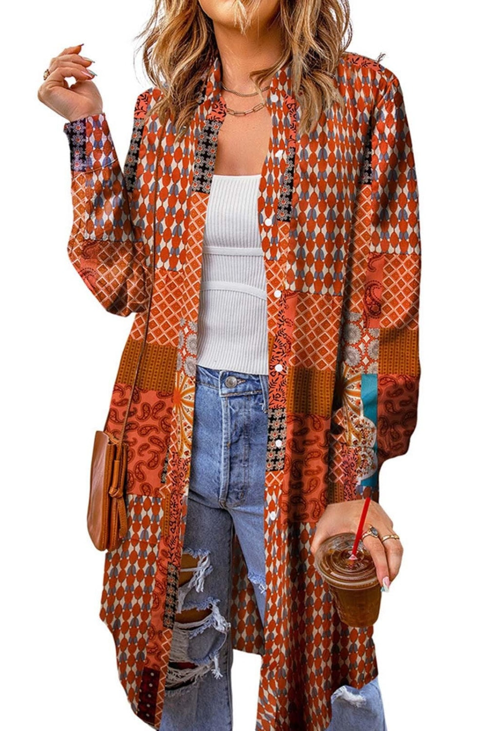 Printed Button Up Long Sleeve Cardigan - Charming Charlie