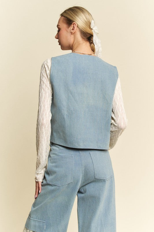 Davi & Dani Lace Patch Open Front Denim Vest - Charming Charlie