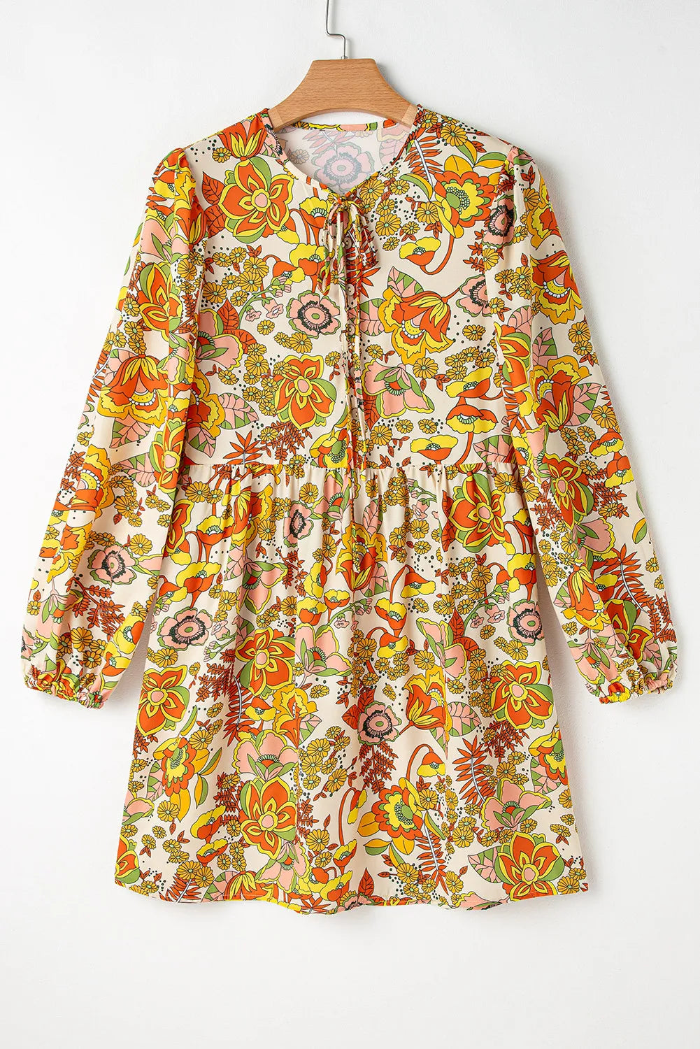Printed Tie Neck Balloon Sleeve Mini Dress - Charming Charlie