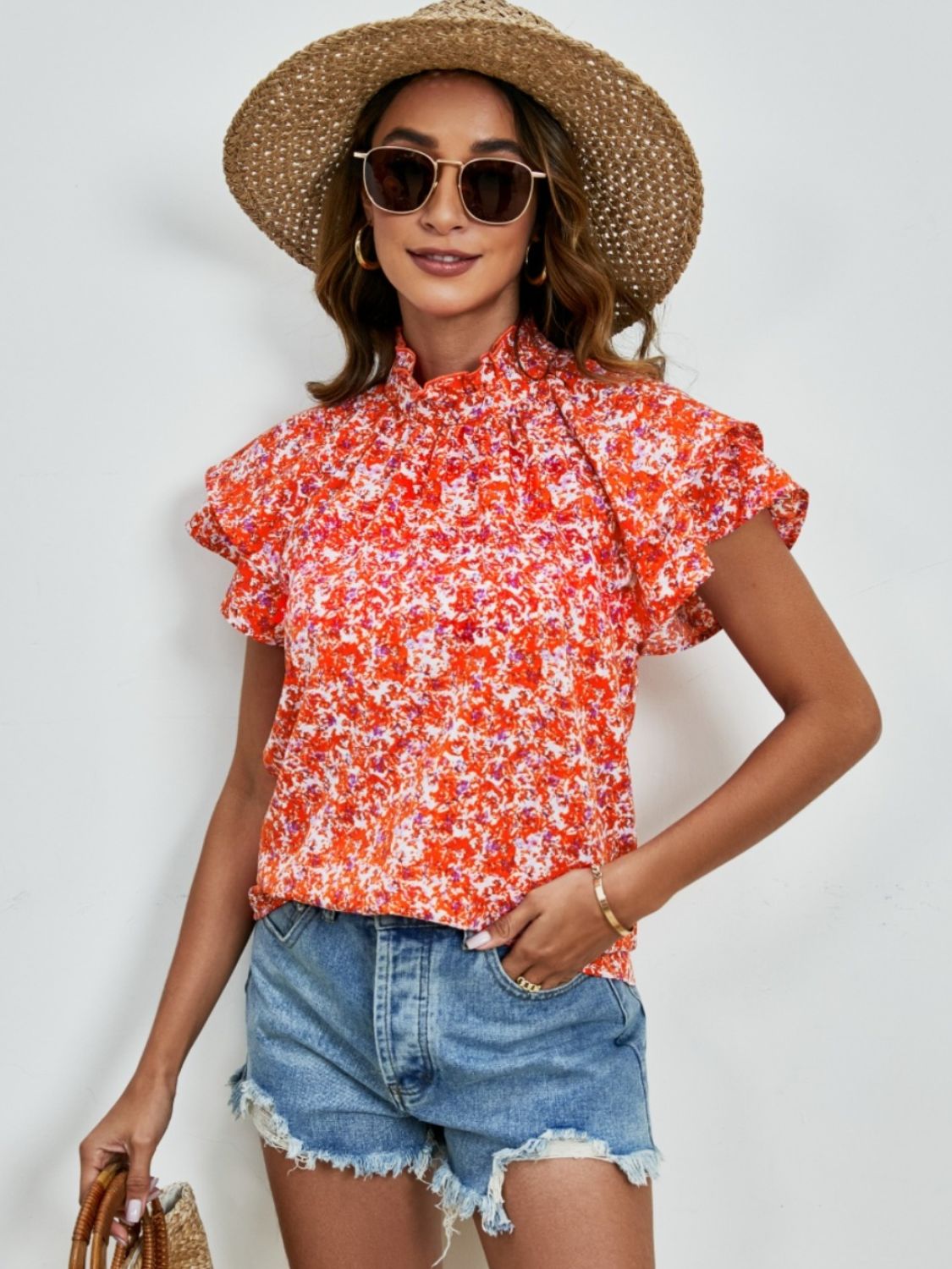 Ditsy Floral Mock Neck Flounce Sleeve Blouse - Charming Charlie