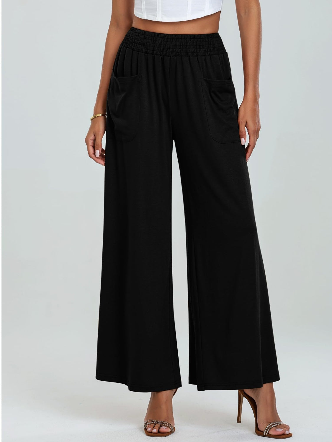 Pocketed Elastic Waist Wide Leg Pants - Charming Charlie