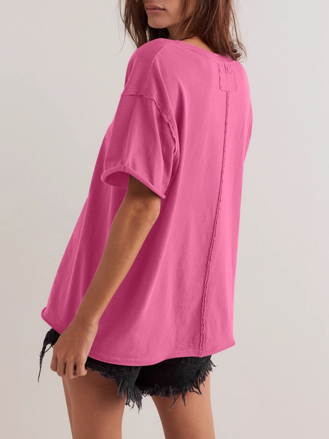 Lovelet Exposed Seam Round Neck Half Sleeve T-Shirt - Charming Charlie