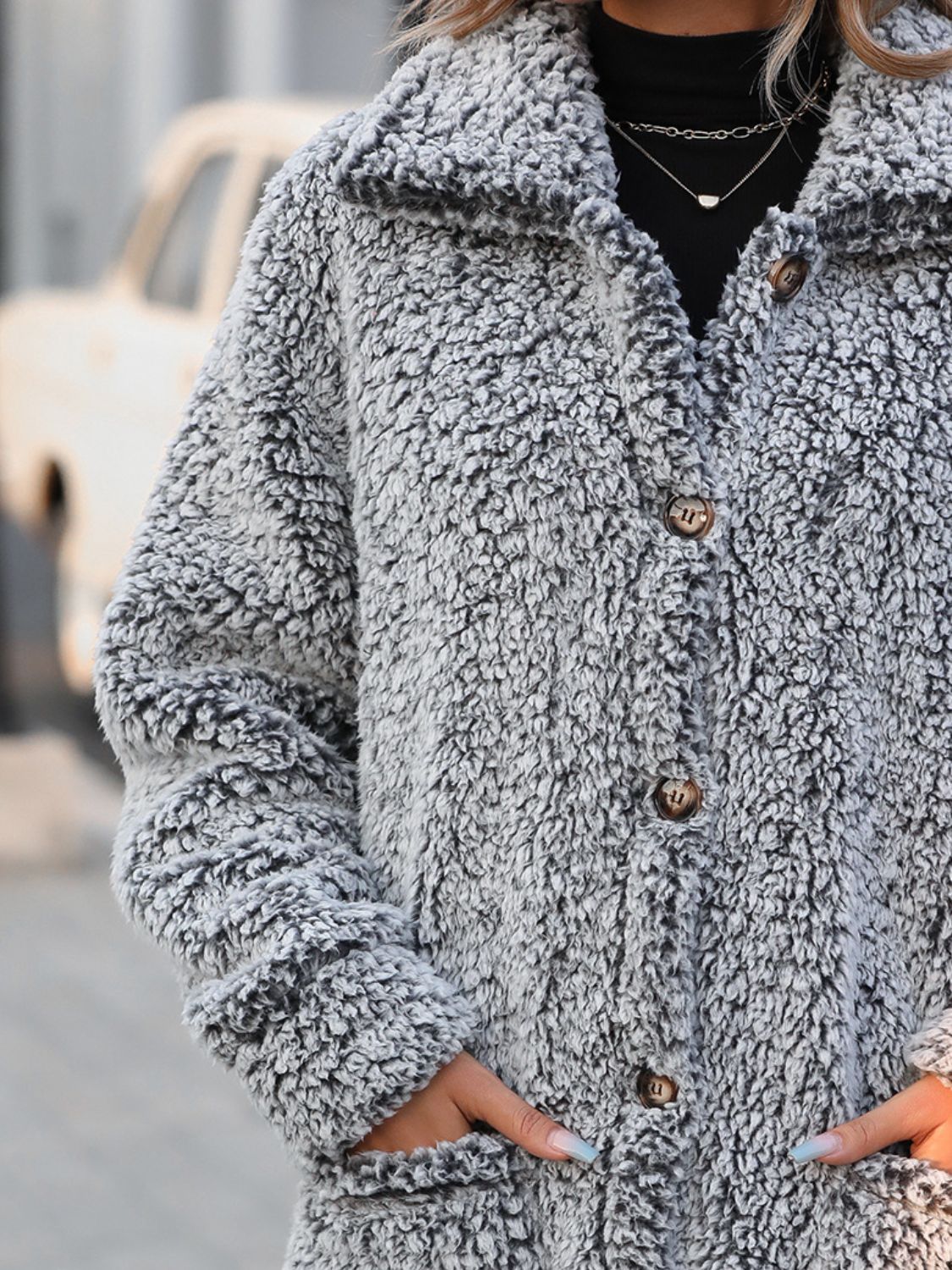 Pocketed Collared Neck Long Sleeve Plush Jacket - Charming Charlie