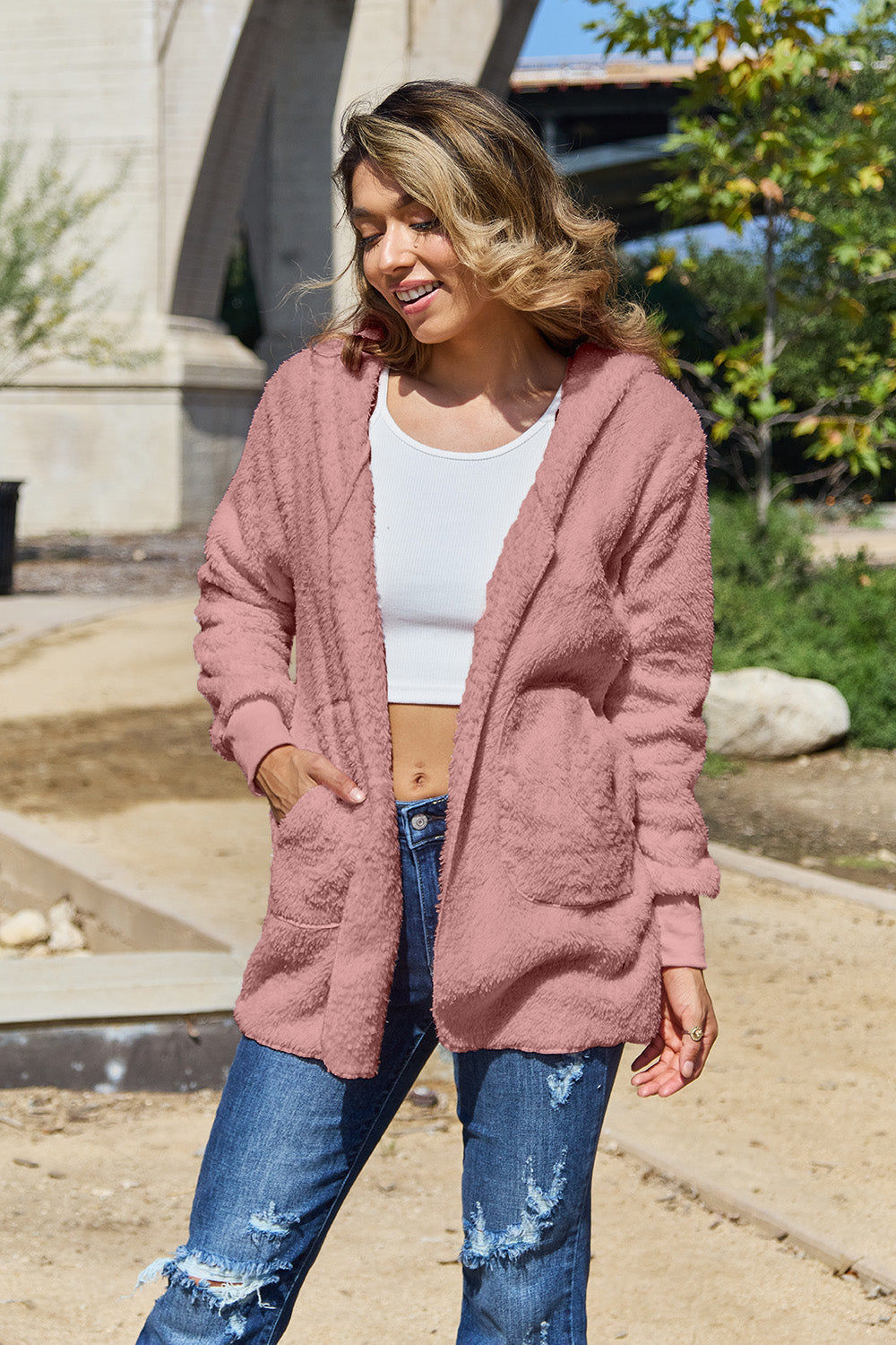 Full Size Teddy Hooded Jacket with Pockets - Charming Charlie
