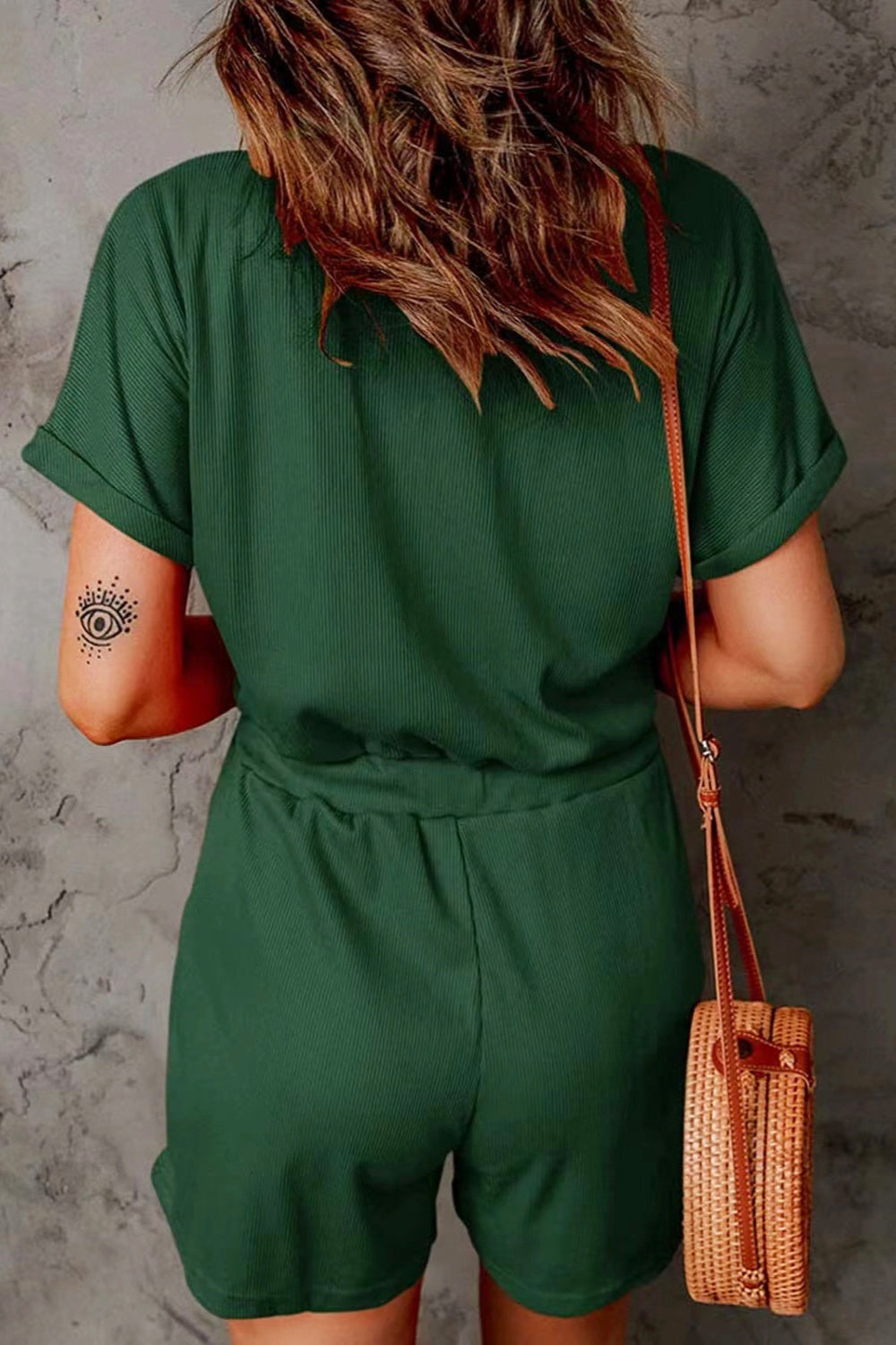 Full Size Drawstring V-Neck Short Sleeve Romper - Charming Charlie