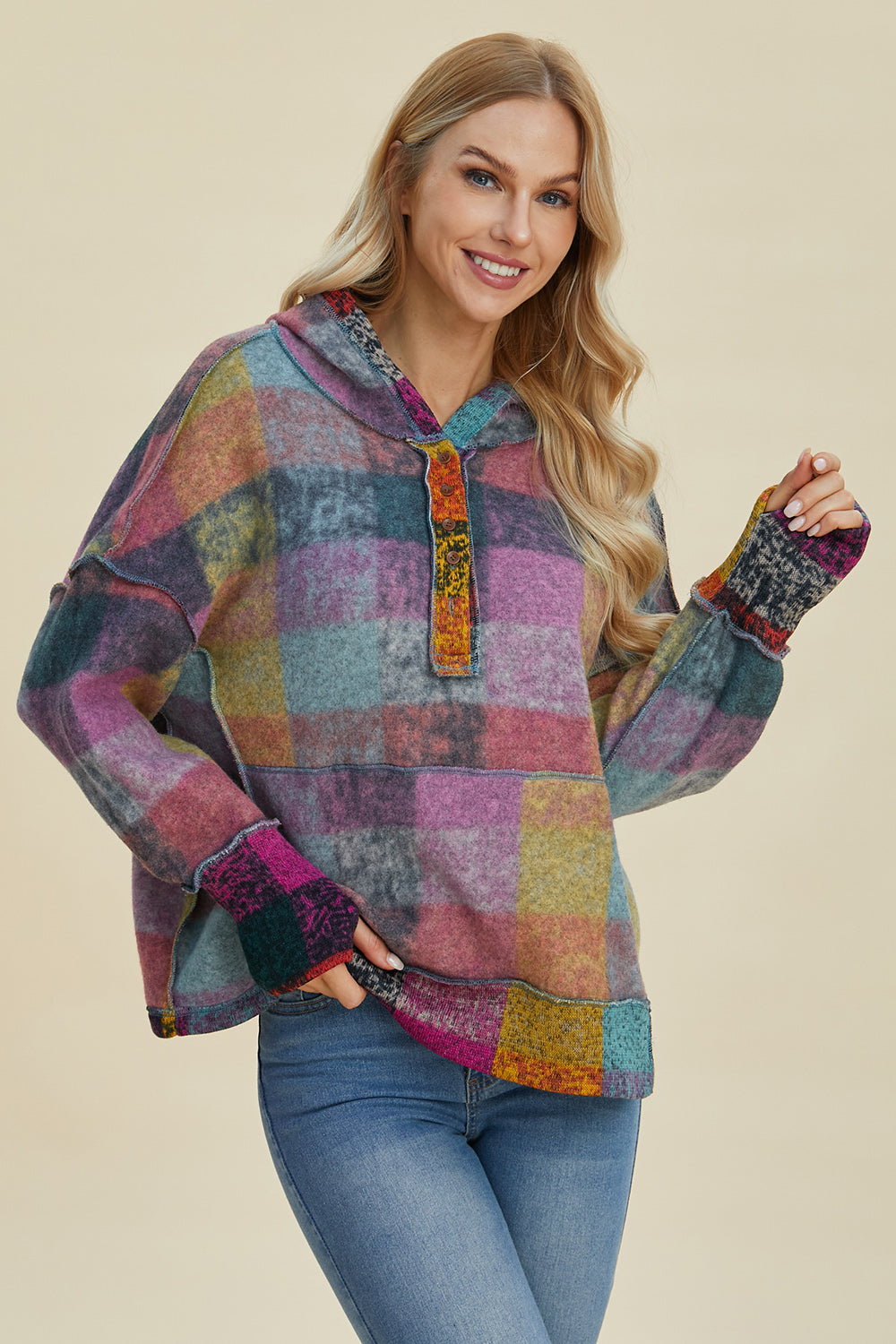 Double Take Full Size Plaid Dropped Shoulder Fleece Hoodie - Charming Charlie