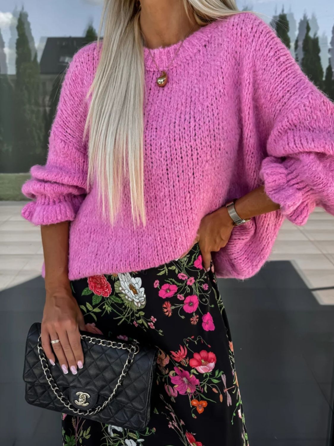 Round Neck Long Sleeve Sweater - Charming Charlie