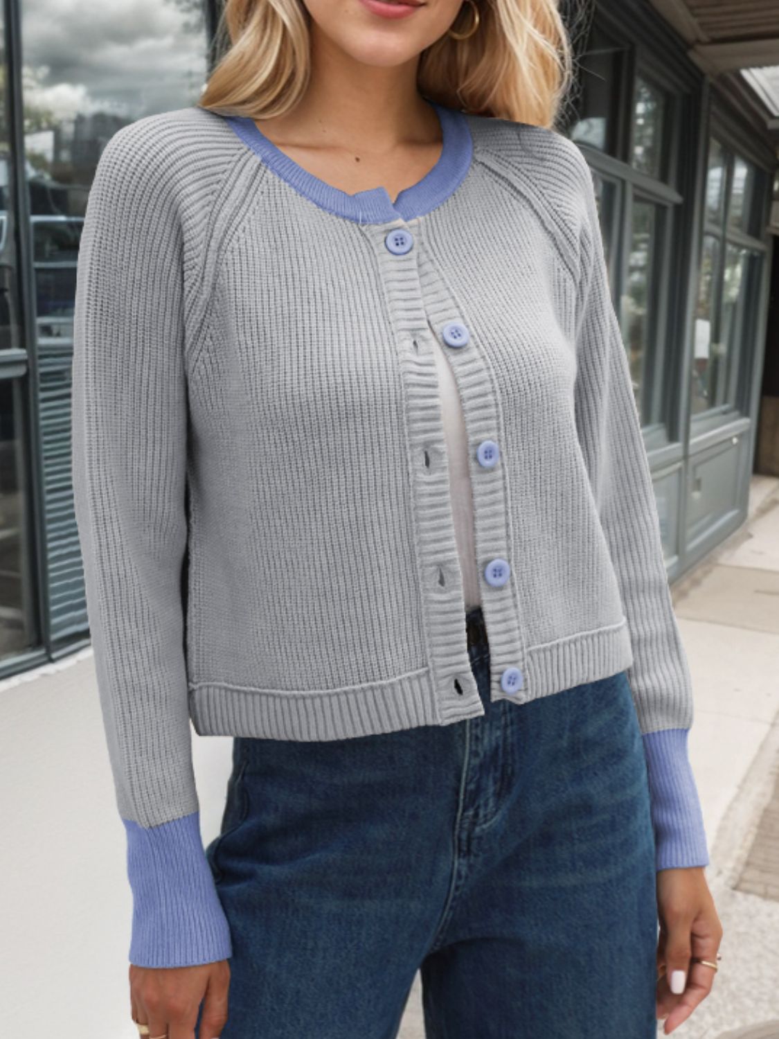 Contrast Button Up Long Sleeve Cardigan - Charming Charlie