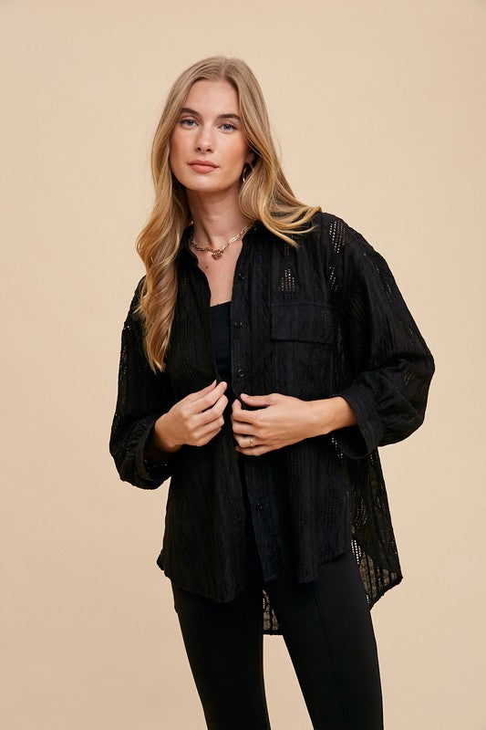 Annie Wear Openwork Button Down Drop Shoulder Shirt - Charming Charlie